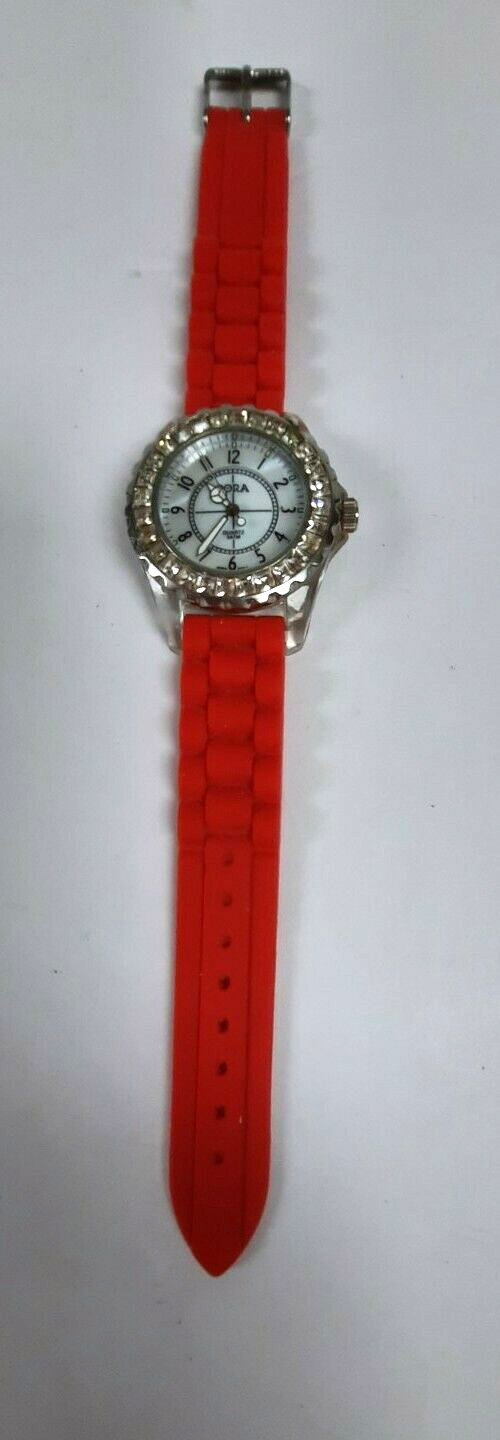 Bora Rhinestone Bling Fancy Watch Opalescent Face Red Silicone Band Pre-Owned