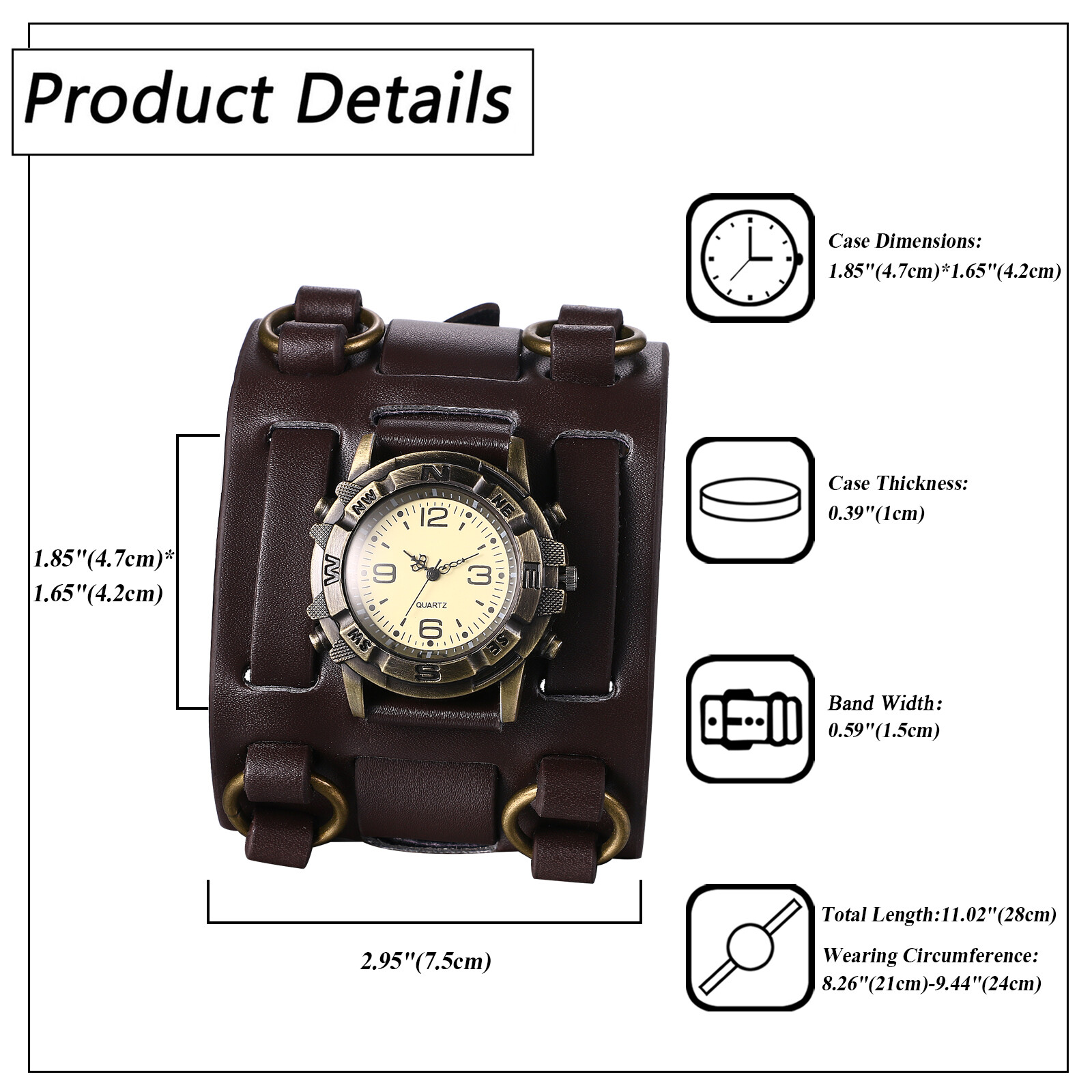 Mens Retro Punk Super Wide Genuine Leather Band Sport Wrist Watch Halloween Gift