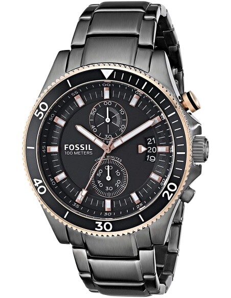 mens grey and black fossil watch with rose gold and white detail
