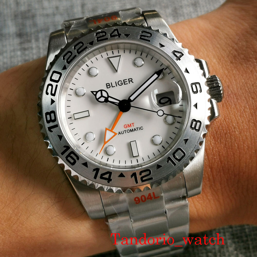 40mm Bliger White Dial GMT Automatic Mens Watch Sapphire Glass Oyster Strap Date