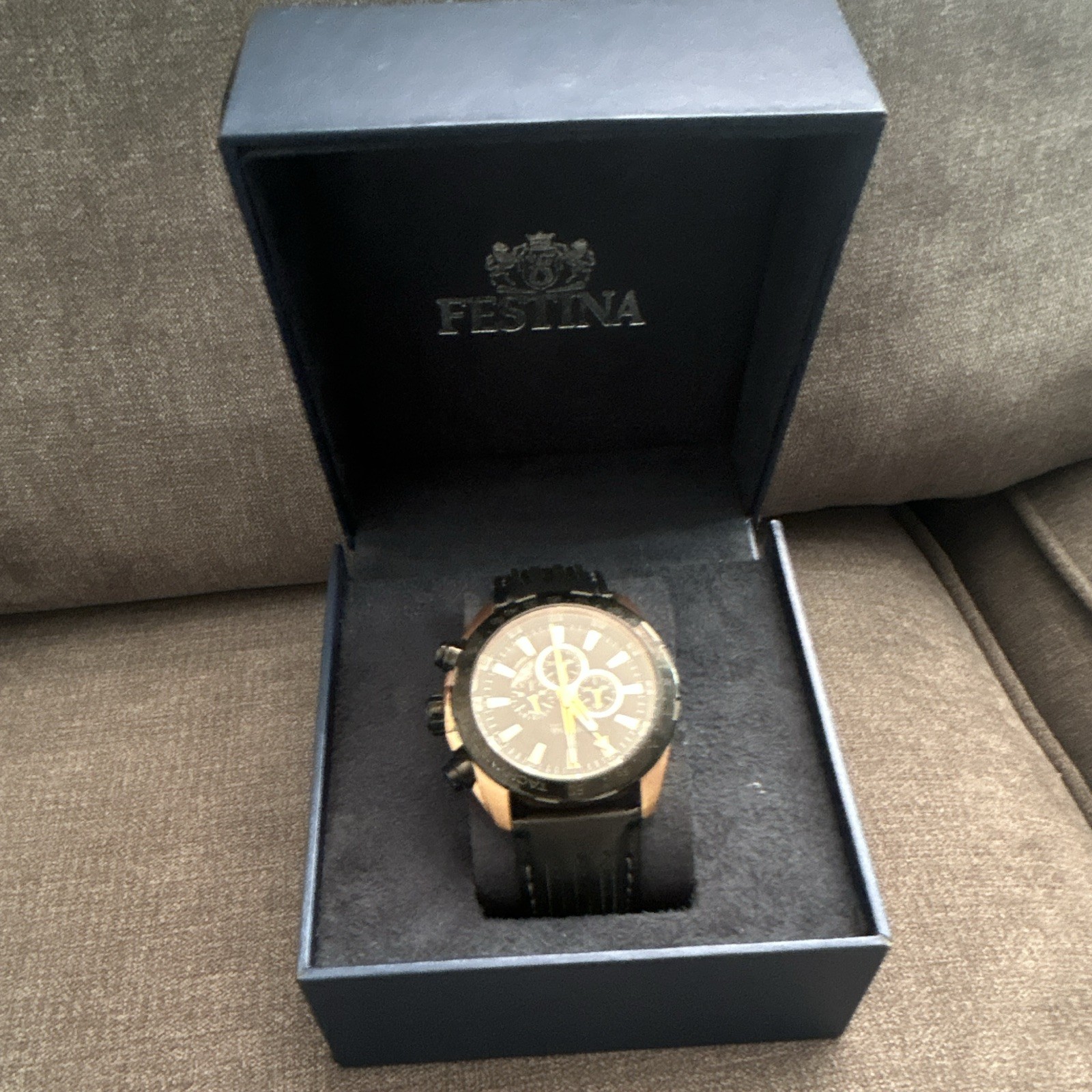 Festina Chronograph (black & rose gold/gold-tone case, Black Dial With Orange.