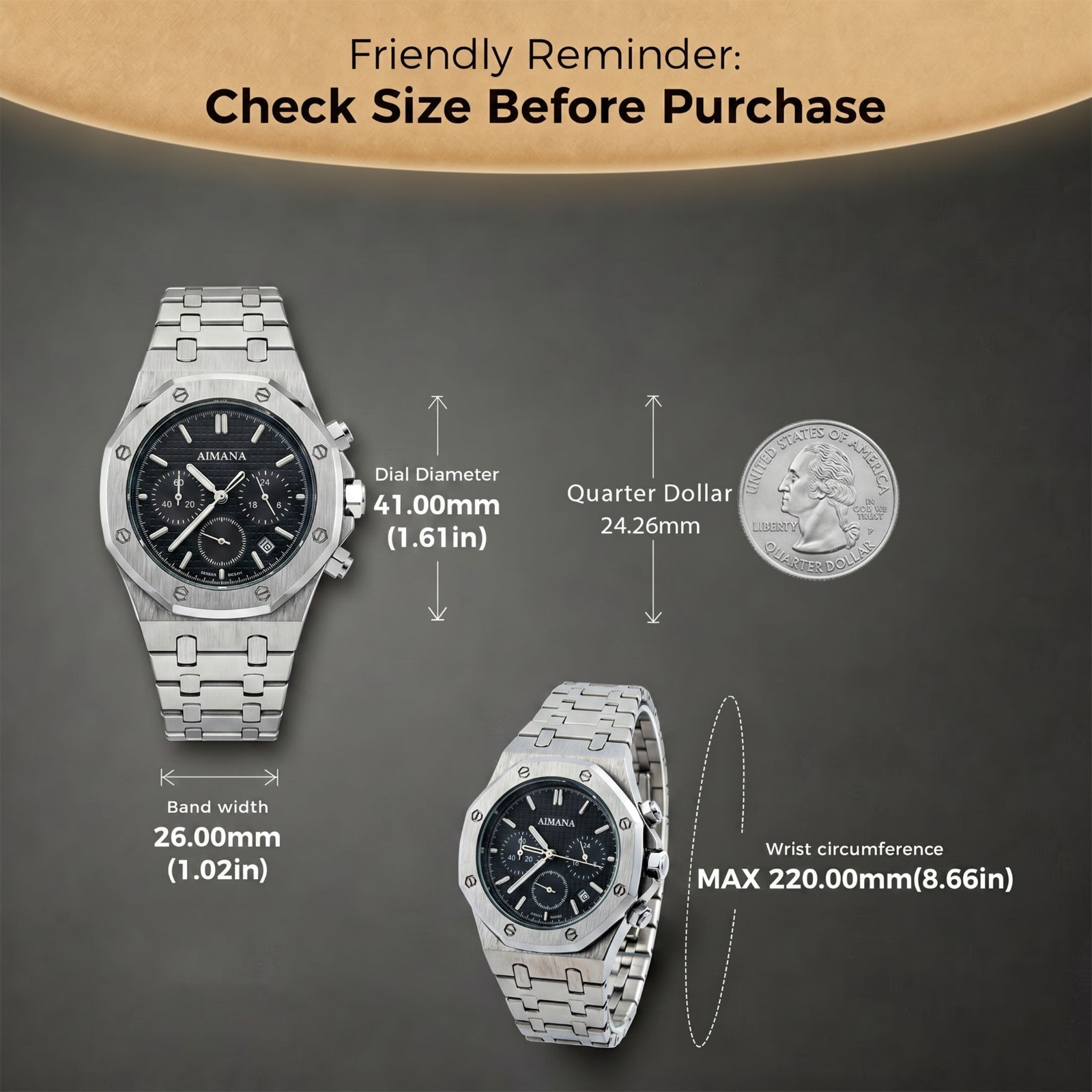 VORSEL Mens Quartz Chronograph Watch Black Dial Stainless Steel Band 43mm