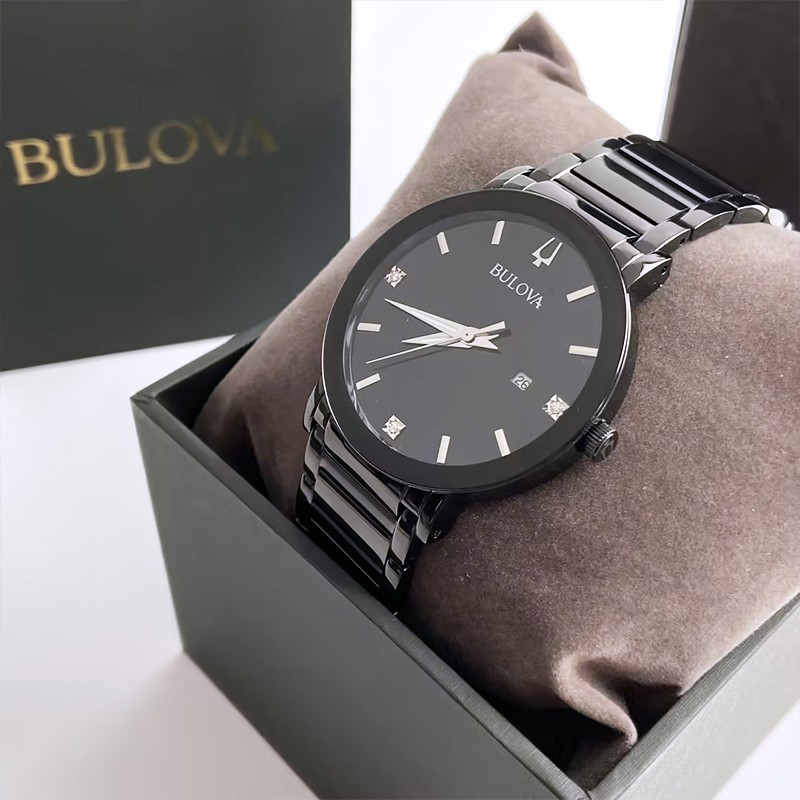 Bulova Men Futuro Modern Black Quartz Calendar Stainless Steel Watch 42mm 98D144