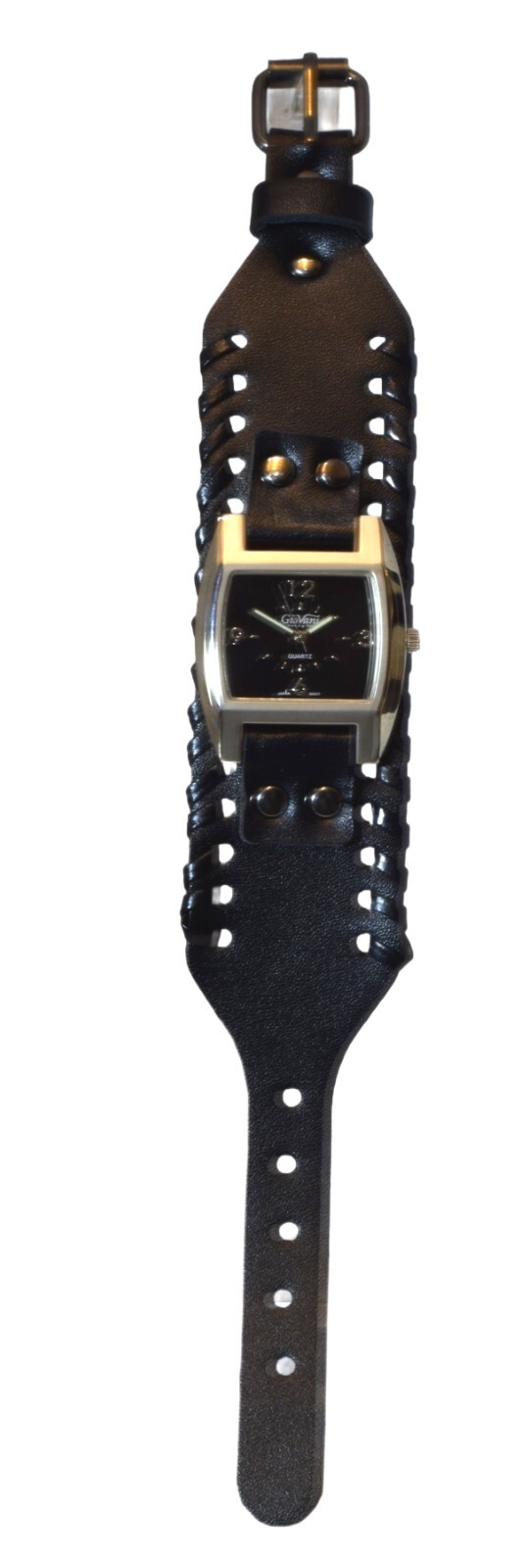 GIOVANI: Western punck style leather band Quartz Black/White/Green Face Watch