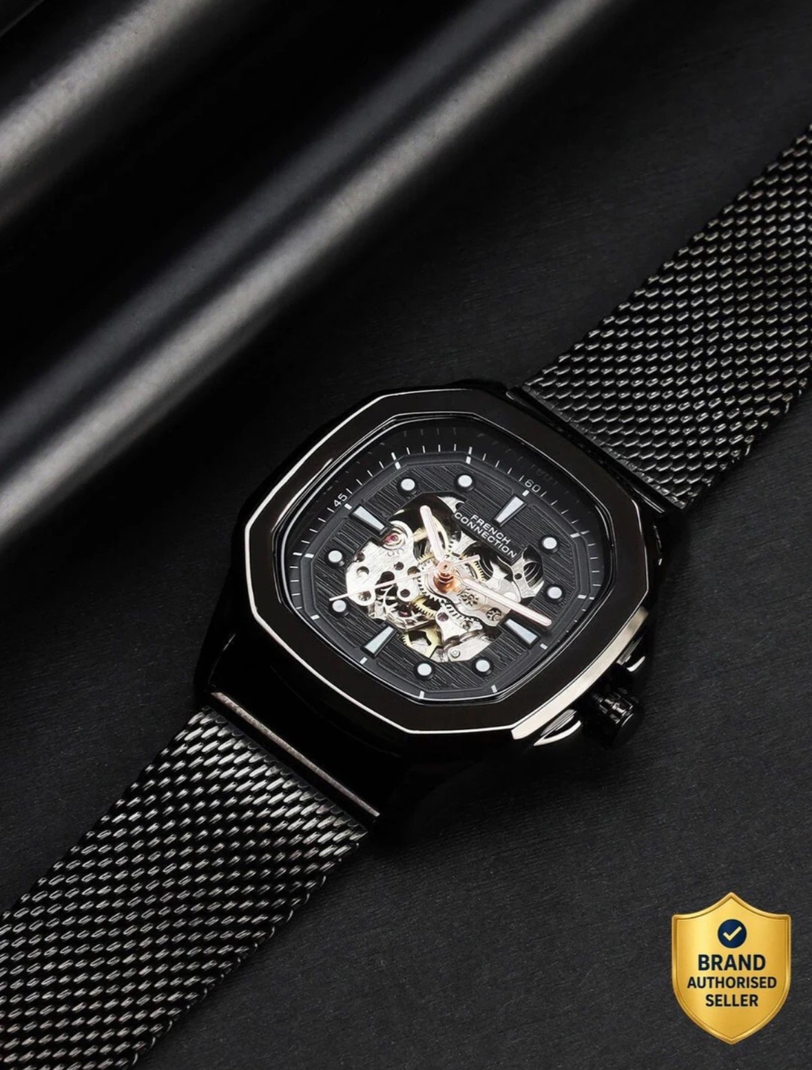 French Connection Automatic Men’s Skeleton Watch Mesh Strap Black & Gold