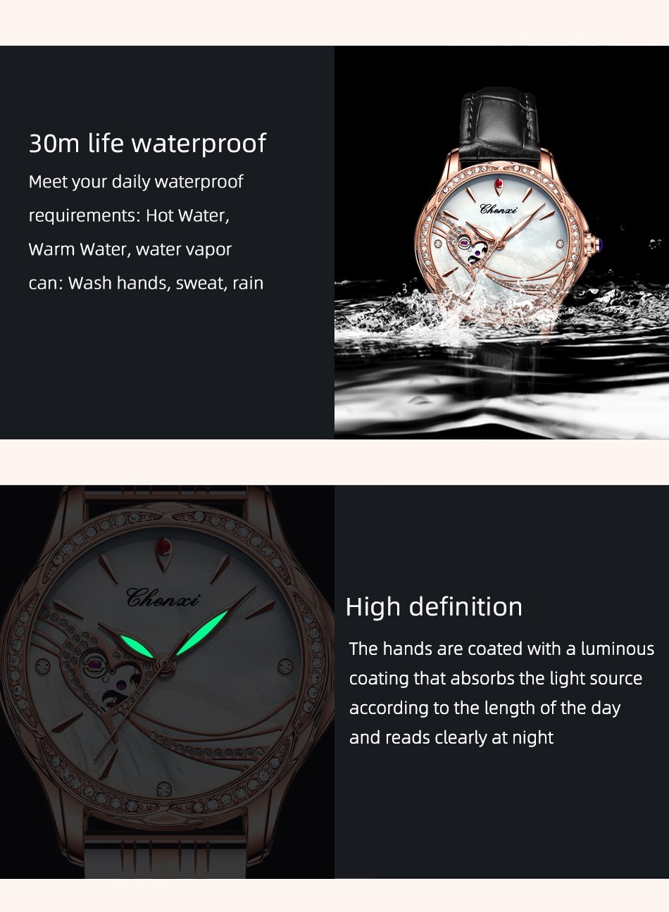 CHENXI Women Leather Hollow Out Luminous Waterproof Automatic Mechanical Watch