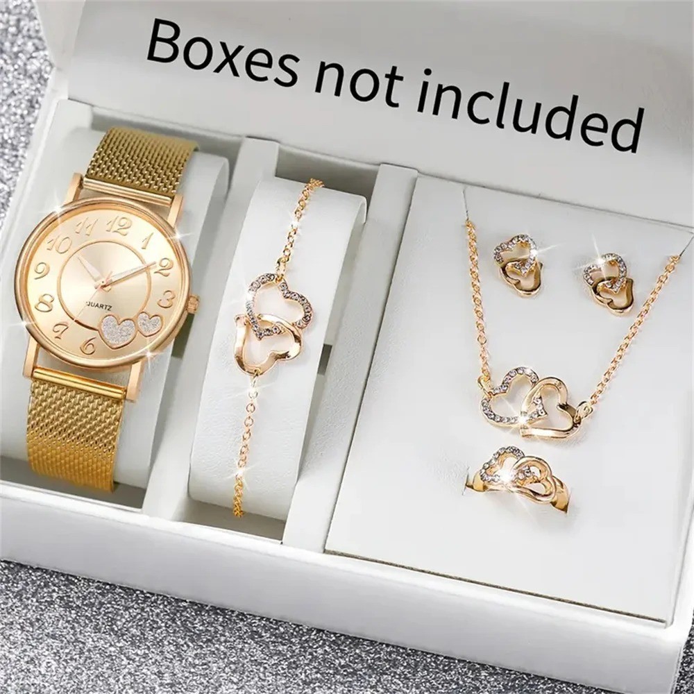 6-Piece Women’s Quartz Watch Jewelry Set with Rhinestone Stainless Steel Band