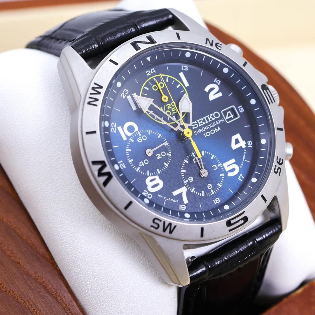 Seiko Quartz Chronograph Mens Watch 45mm Blue Leather wrist 20.6cm/8.1in
