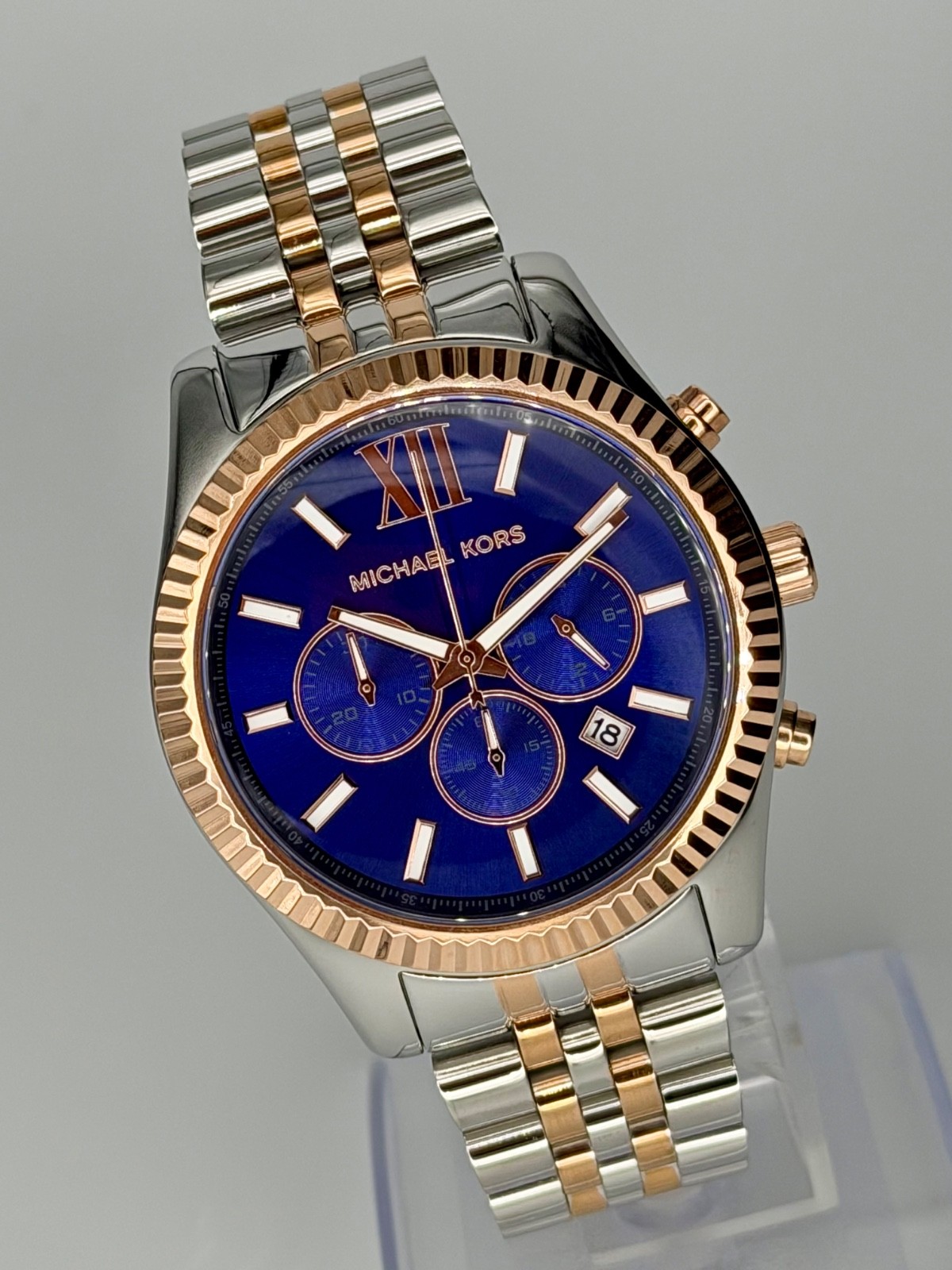 MICHAEL KORS Lexington MK8412 Silver/ Rose-Gold 45mm Blue Dial Unisex Wristwatch