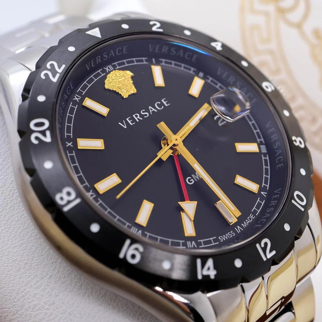 VERSACE Ve11 GMT Date Quartz Stainless Steel 42mm Silver Black Watch