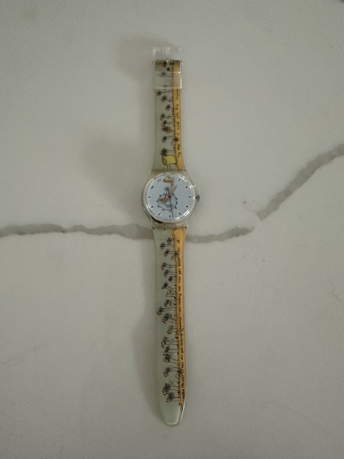 Vintage Swatch Swiss Floral Art Watch Clear Case Yellow Green Strap Quartz