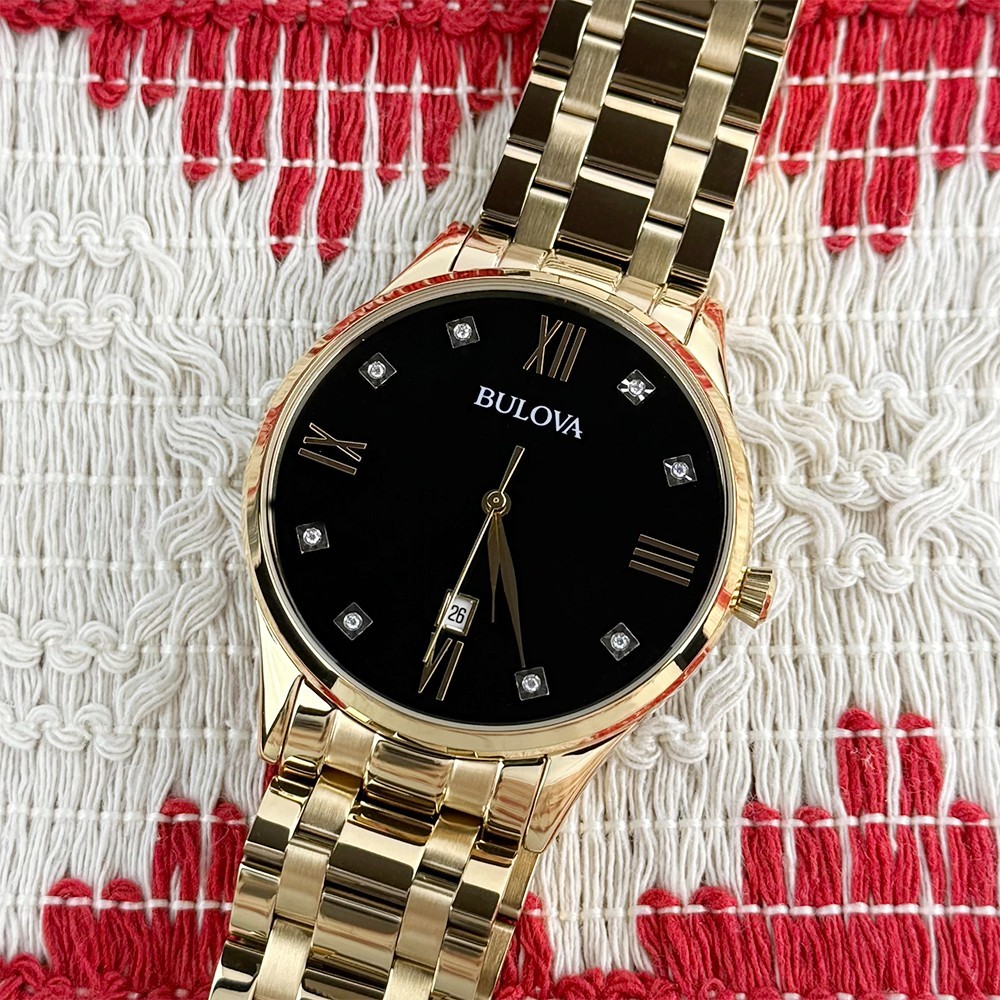 Classic Bulova Diamond 97D108 Black Dial Gold Bracelet Quartz Men’s Watch 40mm