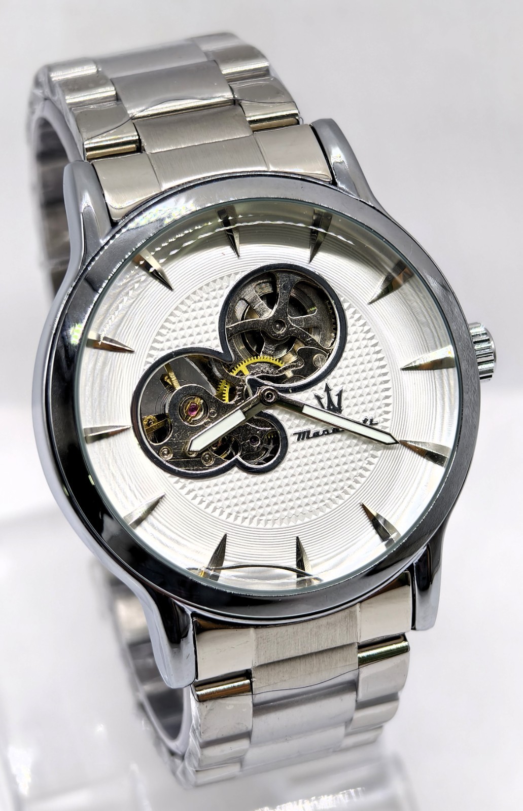 Fantastic Maserati White Skeleton Dial Automatic Silver Band Men’s Wrist Watch