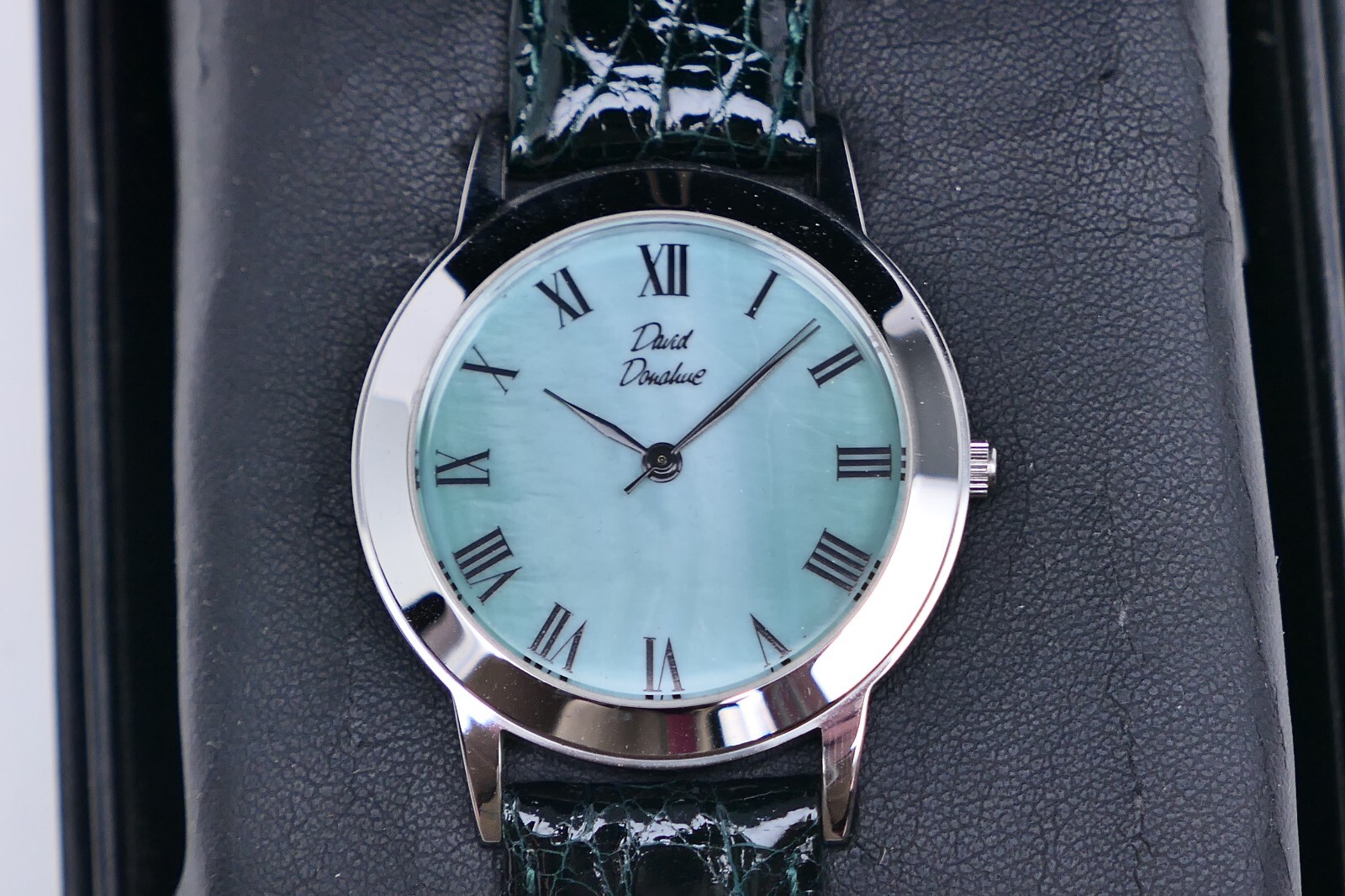 David Donahue Round Watch Swiss, Green Alligator Leather