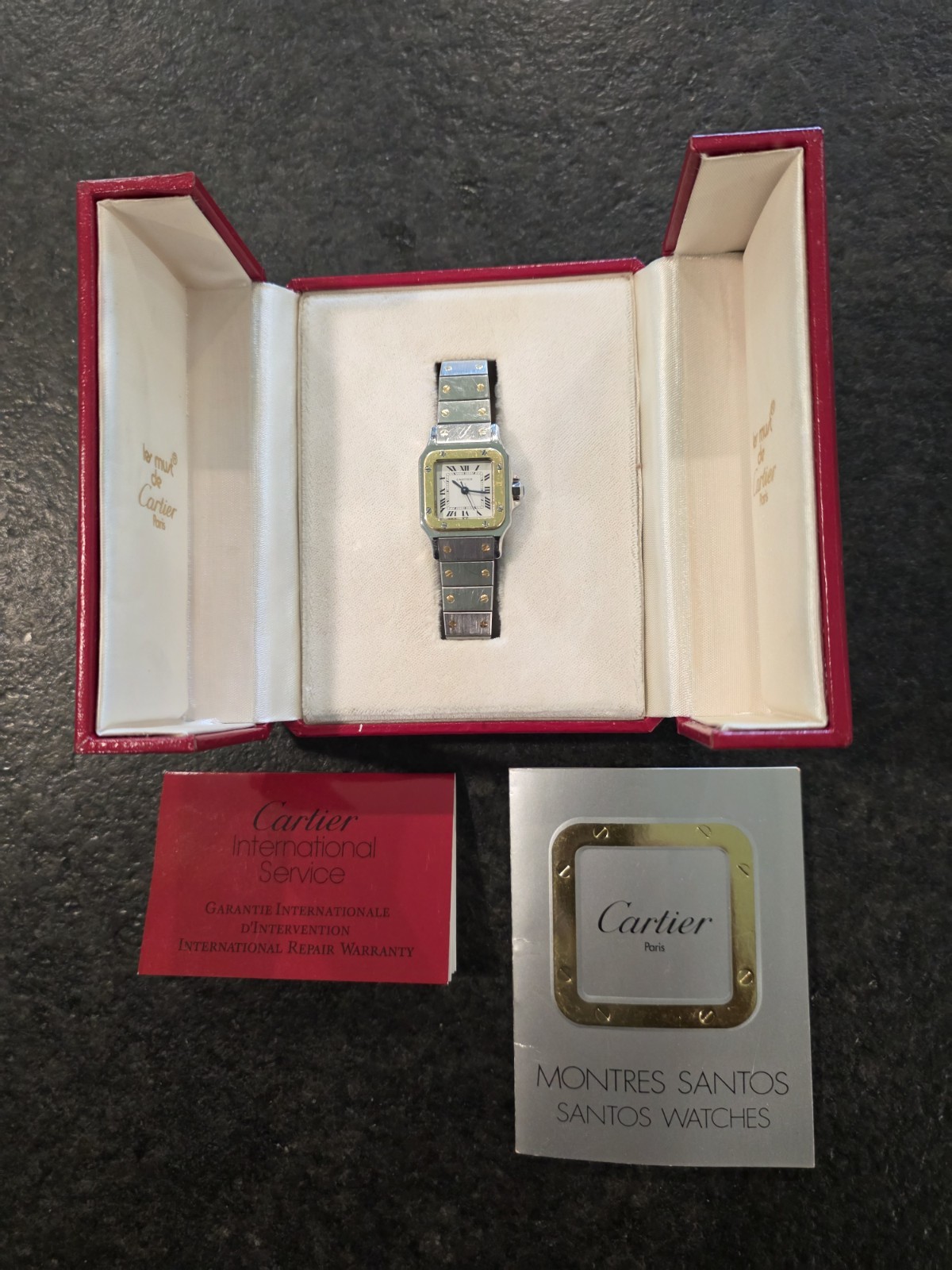 Ladies Cartier Santos Two-Tone Square Quartz Date Watch w/ Box & Booklets