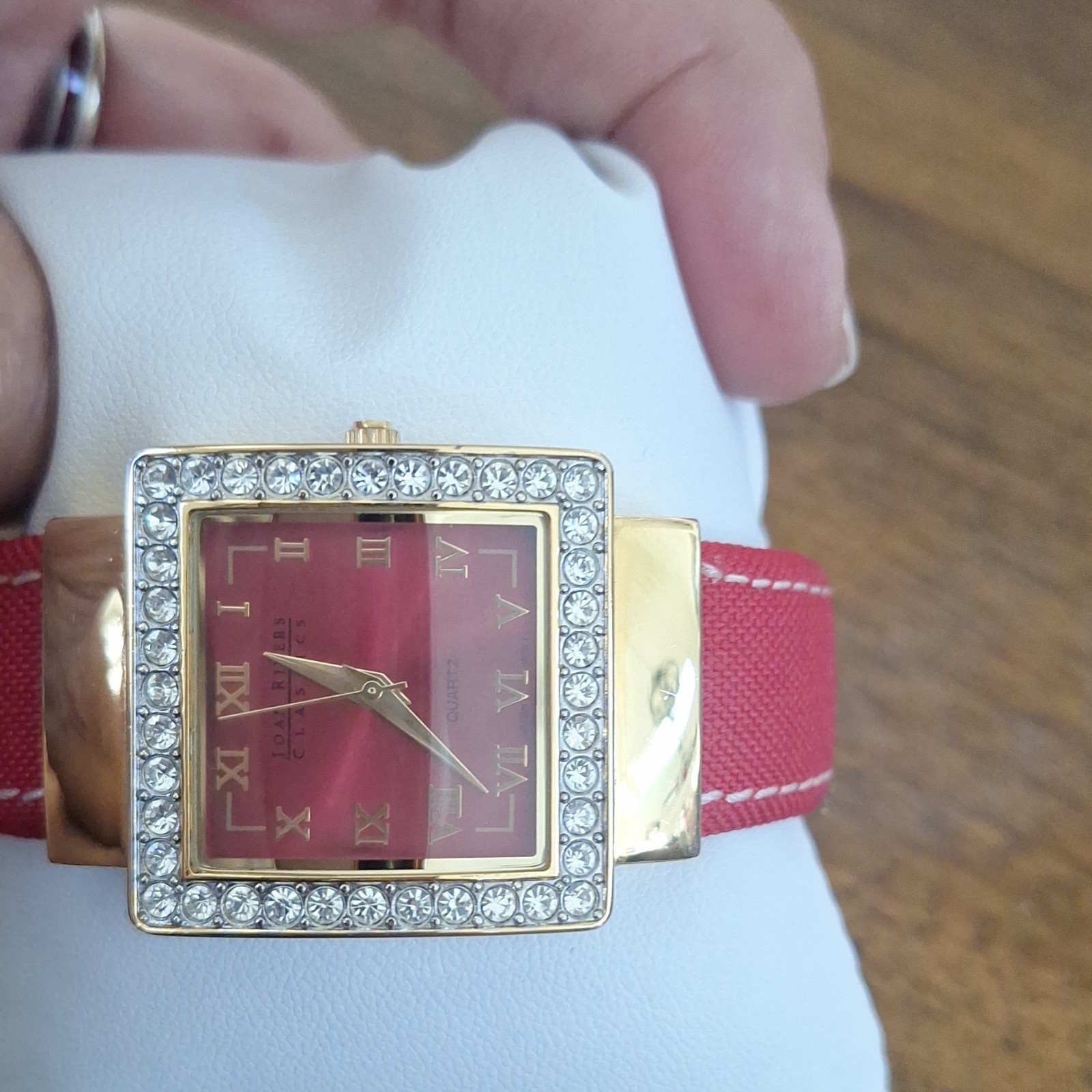 Joan Rivers Classics Quartz Square Gold Tone Watch Red Roman Dial Crystal Bezel