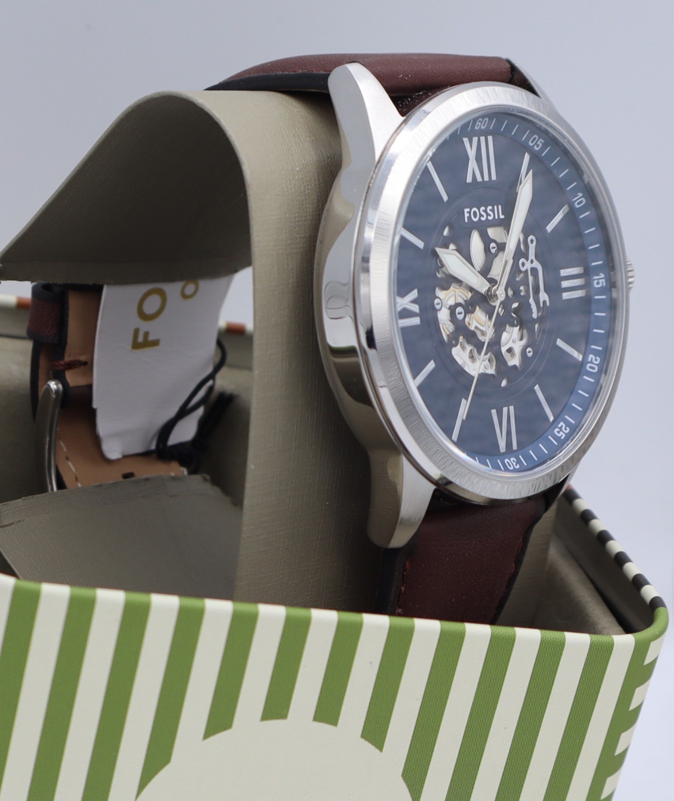 Fossil Flynn Silver Blue Brown Leather Skeleton BQM7128 Mens Watch