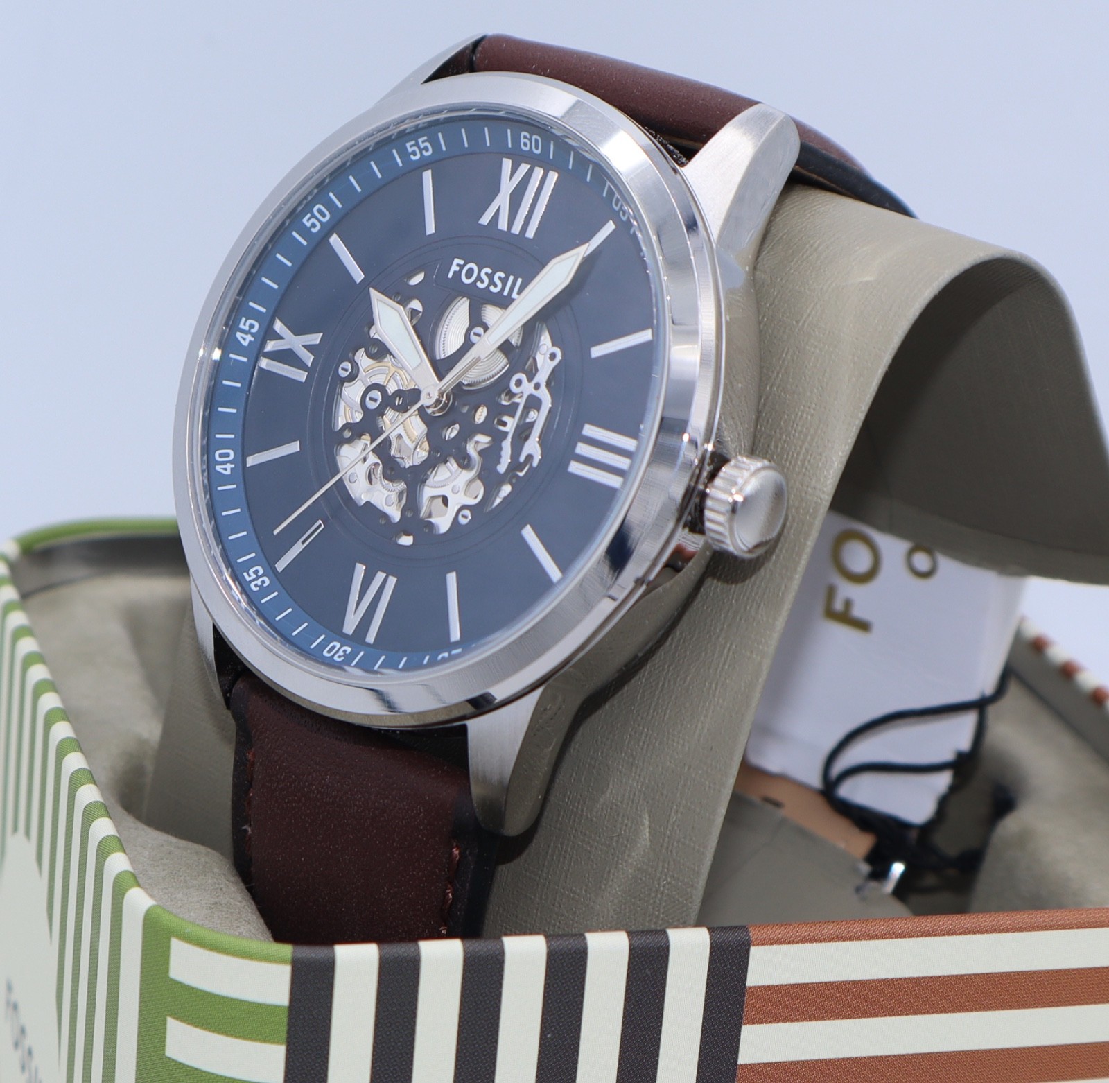 Fossil Flynn Silver Blue Brown Leather Skeleton BQM7128 Mens Watch