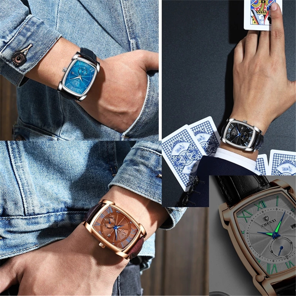 CHENXI Men’s Quartz Business Watches Leather Strap Rectangle Calendar Wristwach