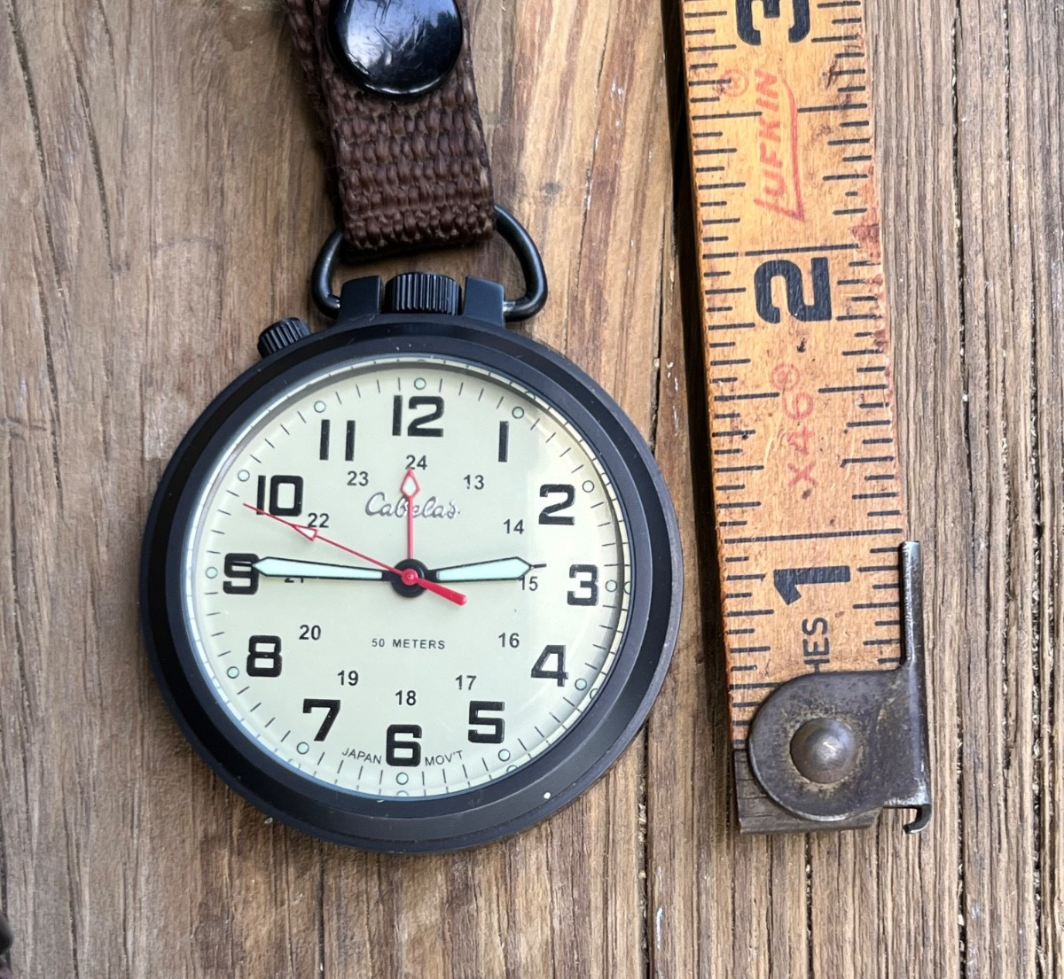VTG Cabela’s Pocket Watch Brown Leather Case Japan Movement Outdoor Gear Field