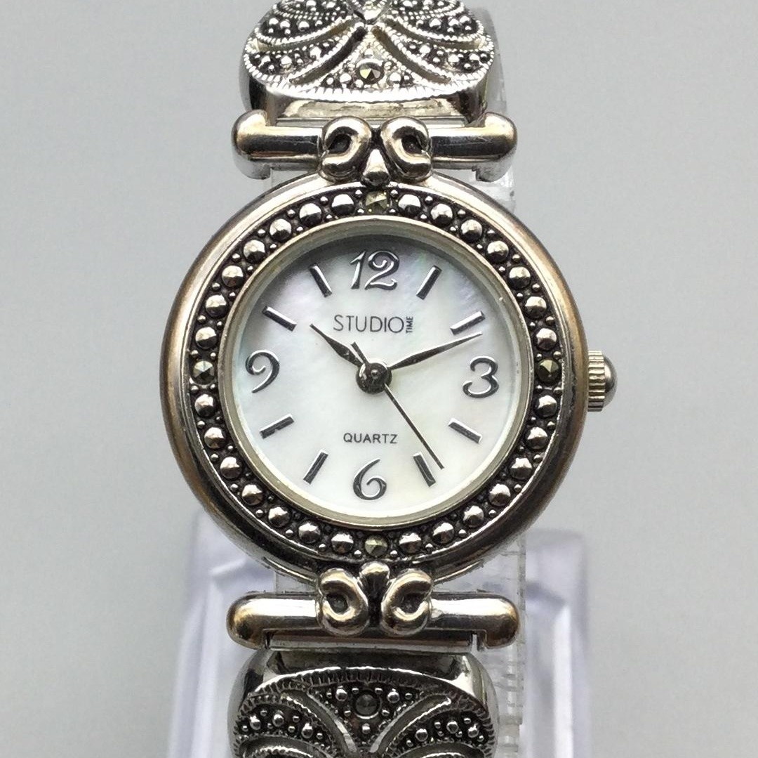 Studio Time Womens Watch 24mm Silver Tone Marcasite MOP Dial New Battery