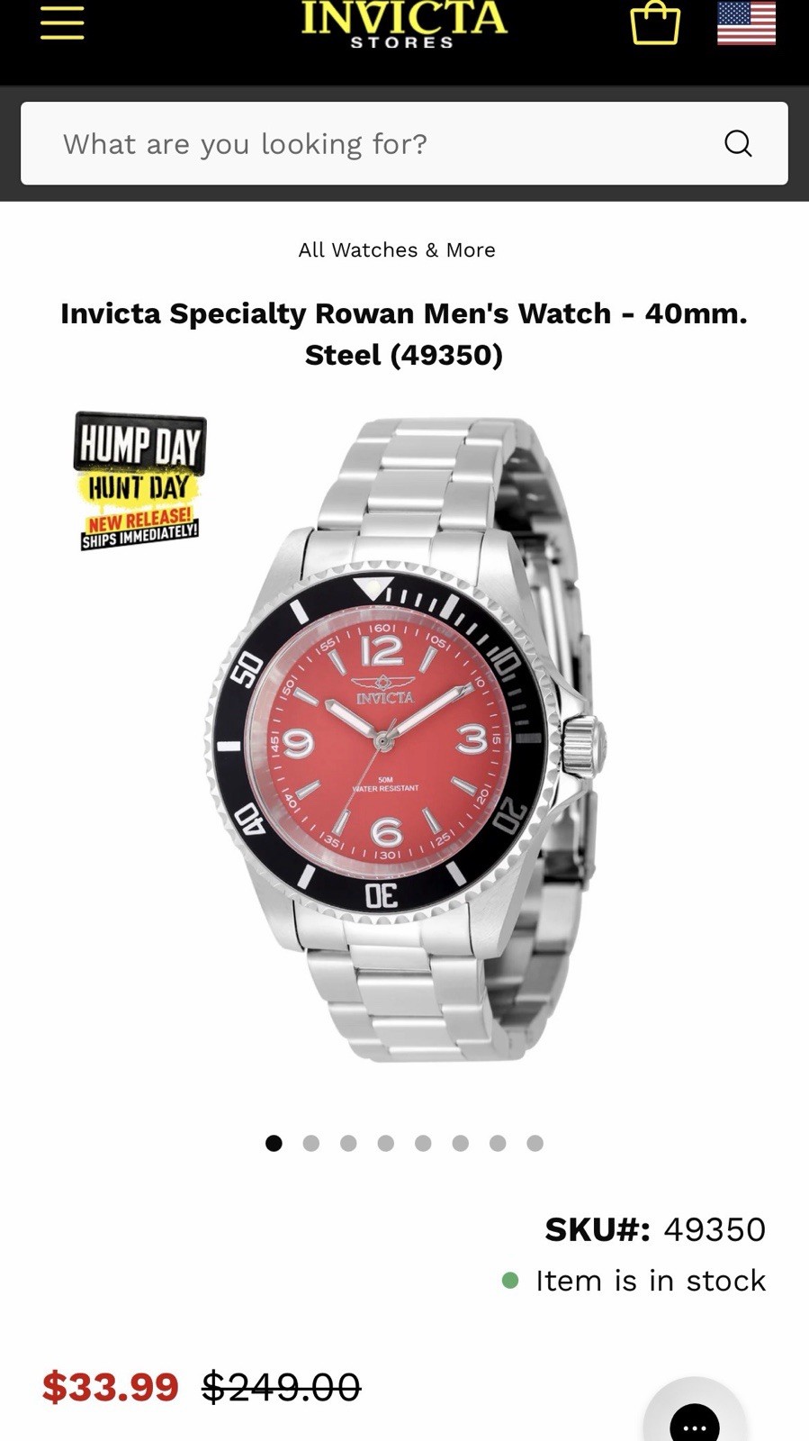Invicta Specialty Rowan Men’s Quartz Watch 40mm Red Dial Silver Bracelet 50m