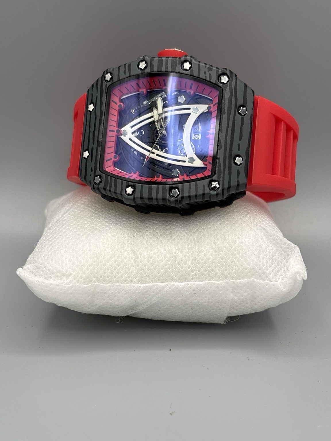 ORUSS 1853 Skeleton Style Red Black Watch Tonneau Silicone Strap New No Tag/box
