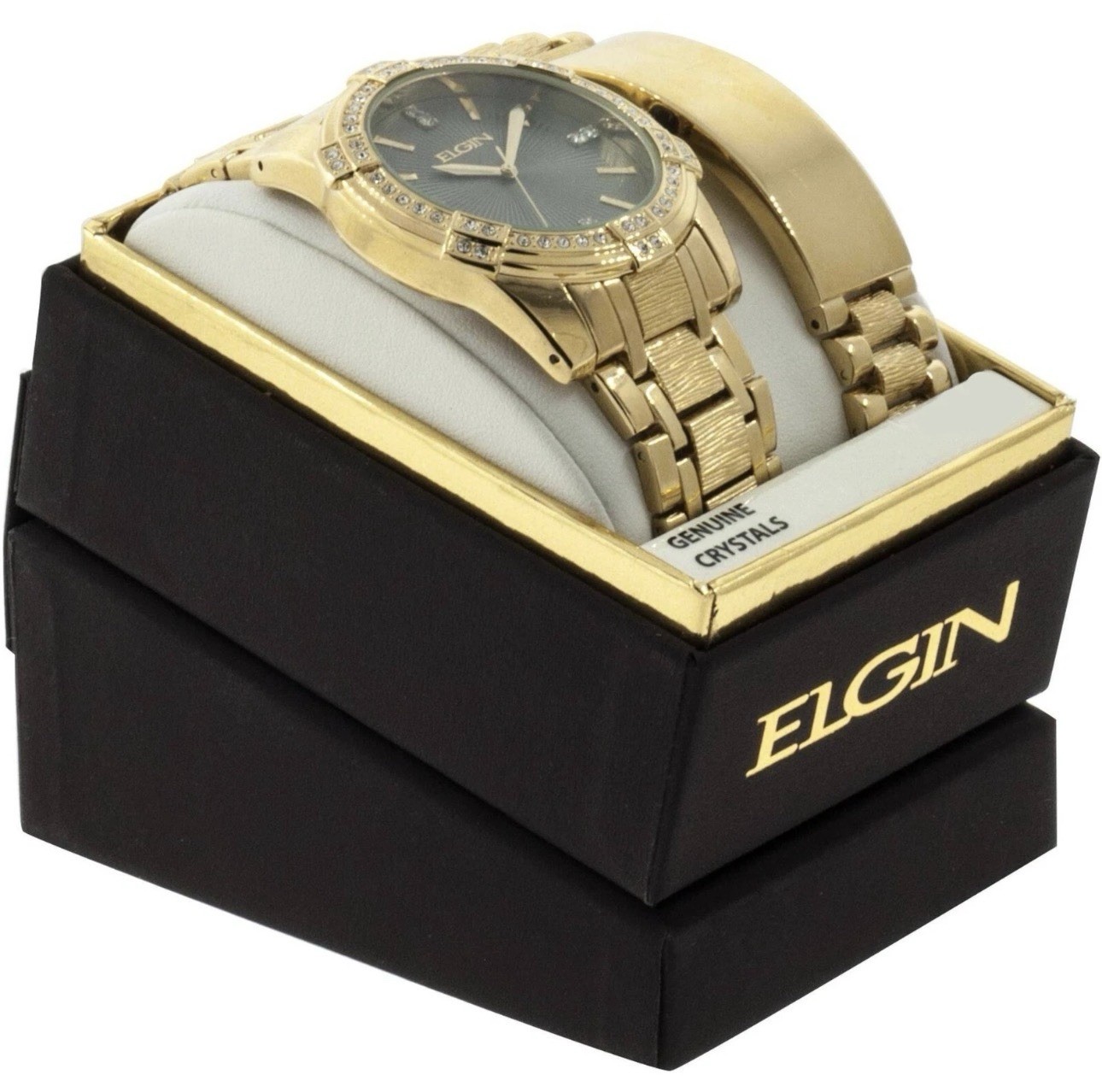Elgin Men’s Watch Bracelet Set Gold Tone with 54 Crystals Gem Bezel FG10009ST