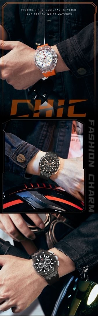 MINI FOCUS Men Transparent Case Multifunction Chronograph Calendar Quartz Watch
