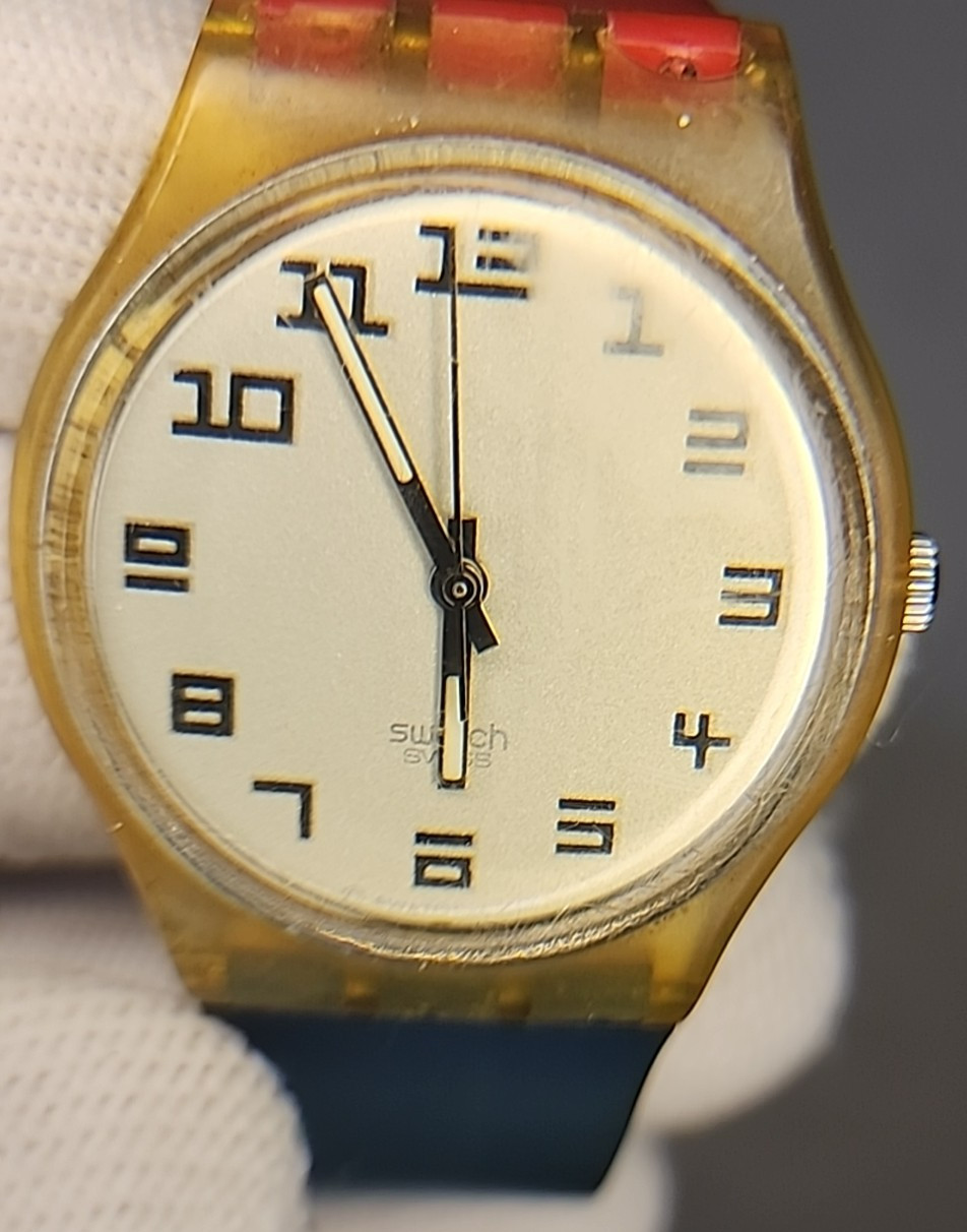 Vintage 1997 Swatch Quartz Watch Blue/Red Strap Clear Yellow Case Runs