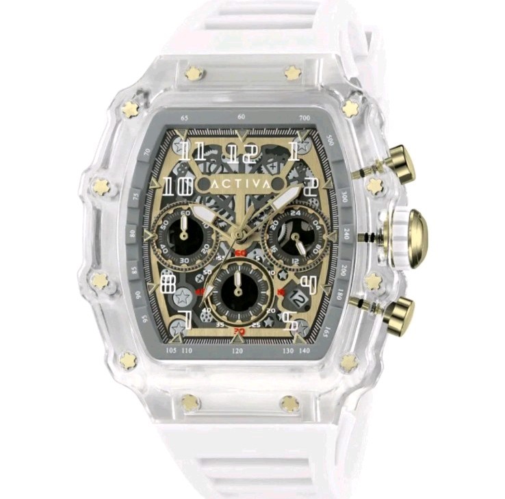 Activa Fury X Men’s Quartz Chronograph Clear Case Black/Gold Dial 44mm Box