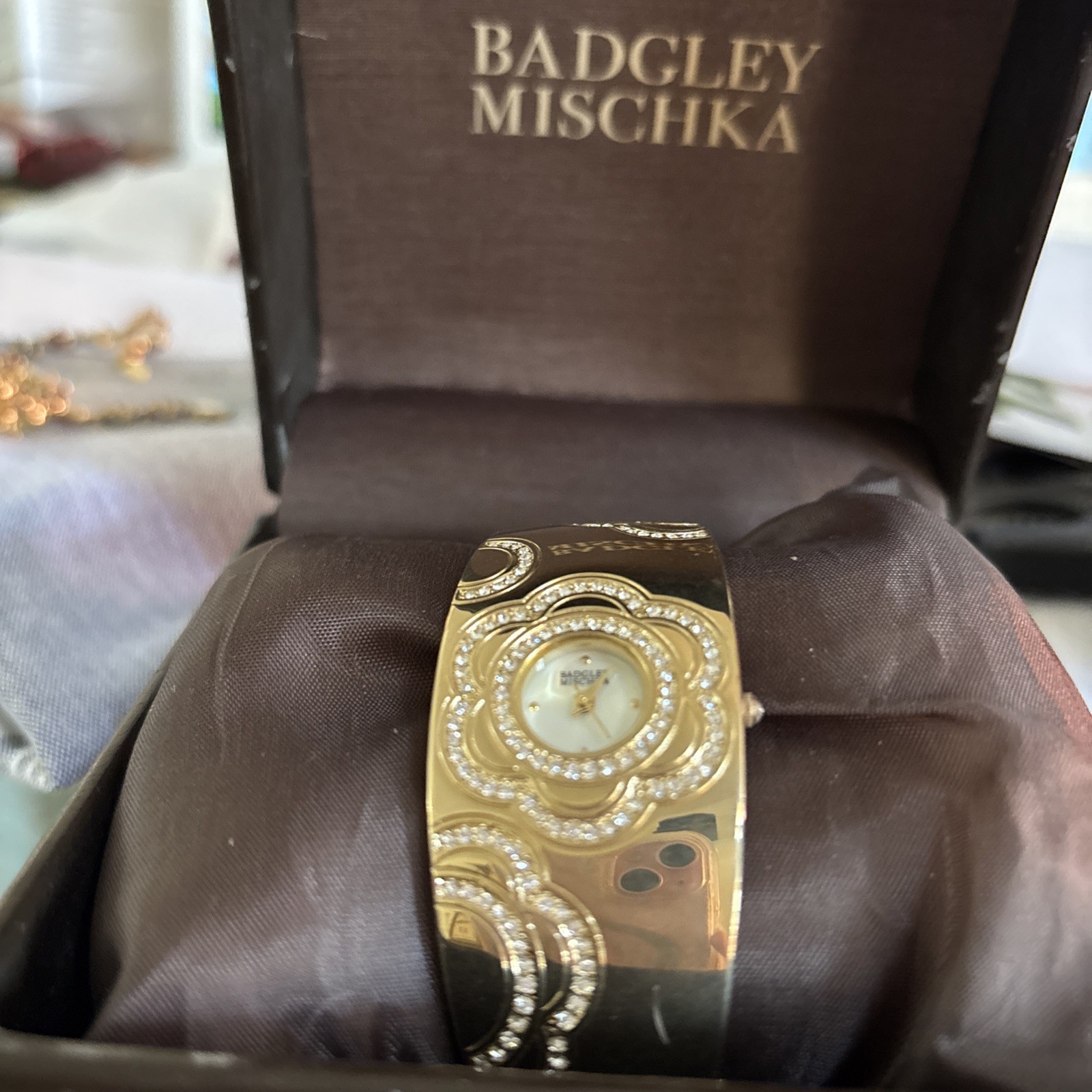 Badgley Mischka Ladies’ Gold Toned MOP Dial Swarovski Crystal Bangle BA/1104