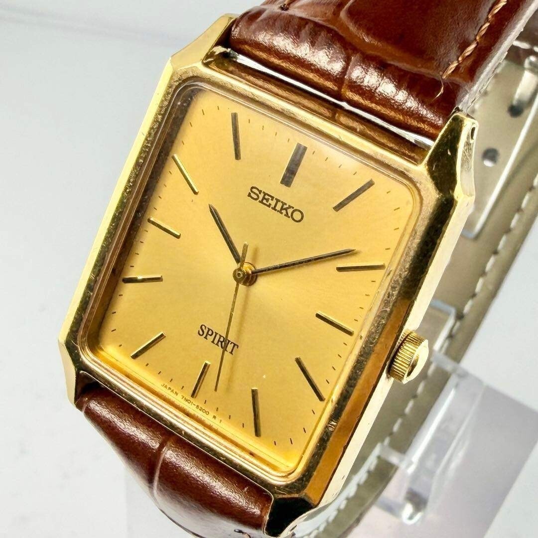 SEIKO Spirit 7N01-5180 Rectangular Quartz Gold Dial From Japan New Batt