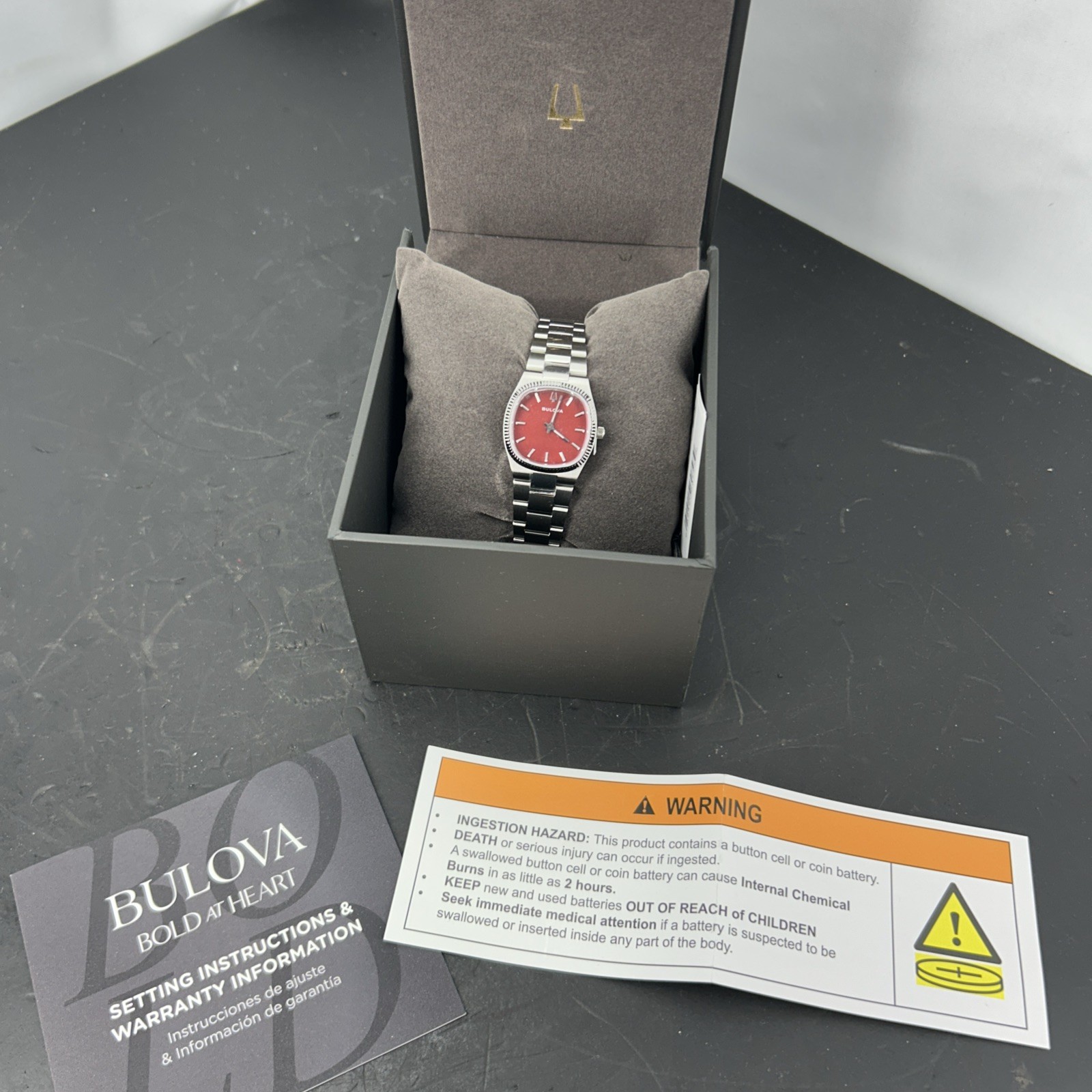 Bulova Super Seville Mini Quartz Red MOP Dial Ladies Watch 96L354
