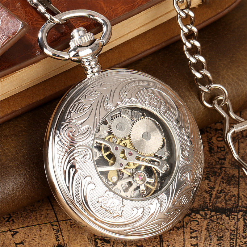 Vintage Steampunk Silver Hand Winding Mechanical Pocket Watch Shield Chain Gift