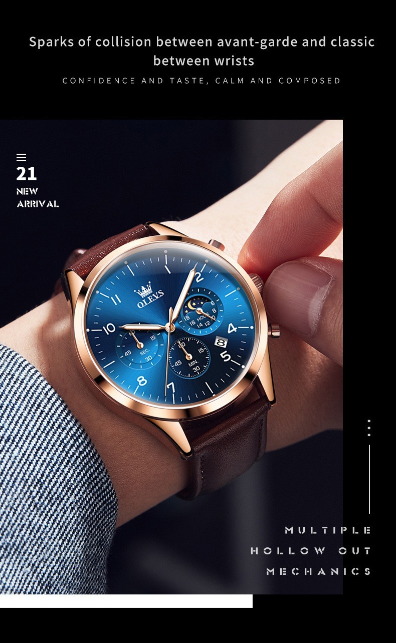 OLEVS 2882 Luminous Multifunctional Male Genuine Leather Classic Quartz Watch