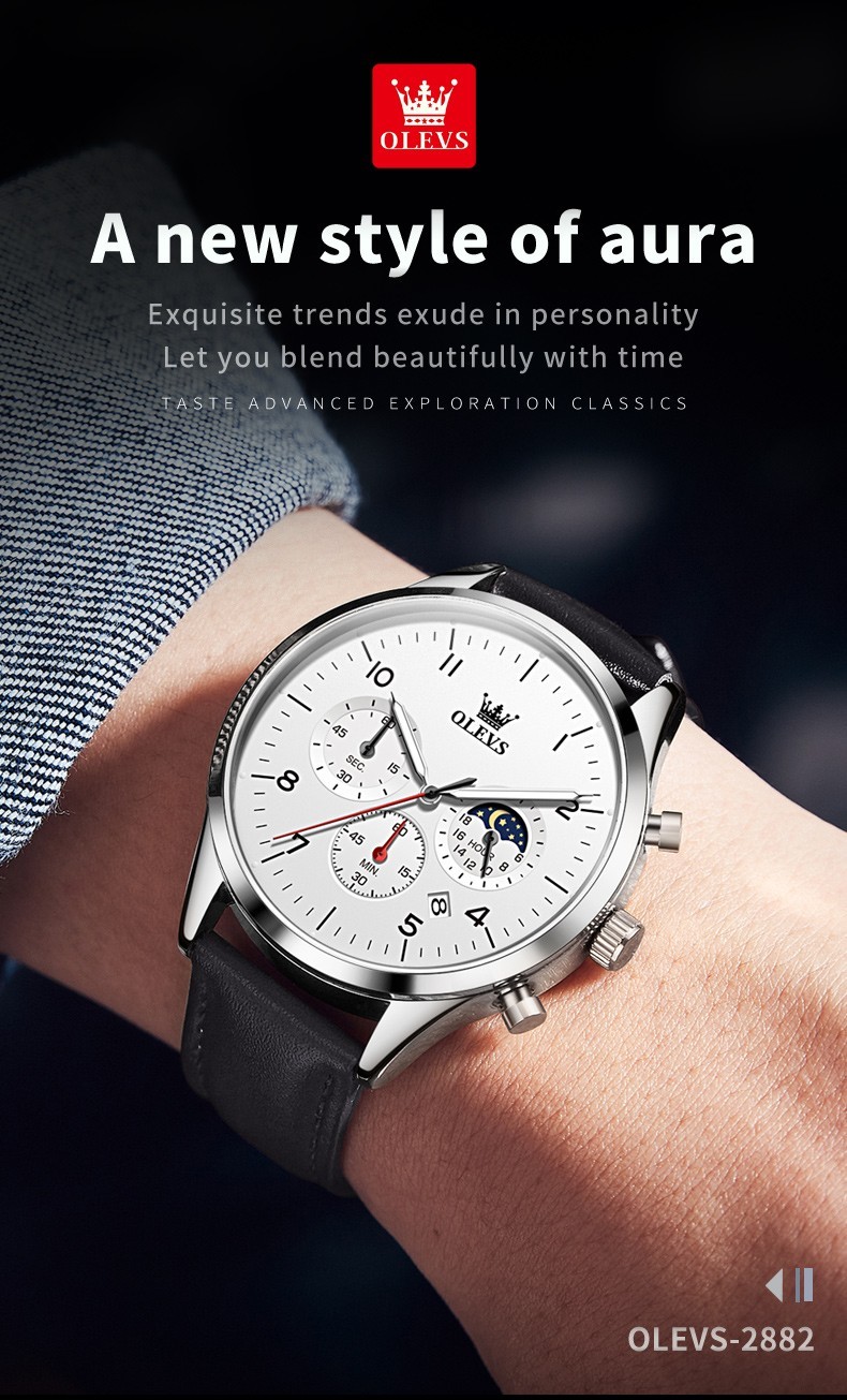 OLEVS 2882 Luminous Multifunctional Male Genuine Leather Classic Quartz Watch
