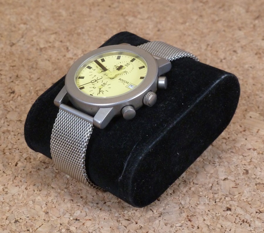 Vintage Boccia Titanium Chronograph Watch Yellow Face Silver Mesh Clasp Band