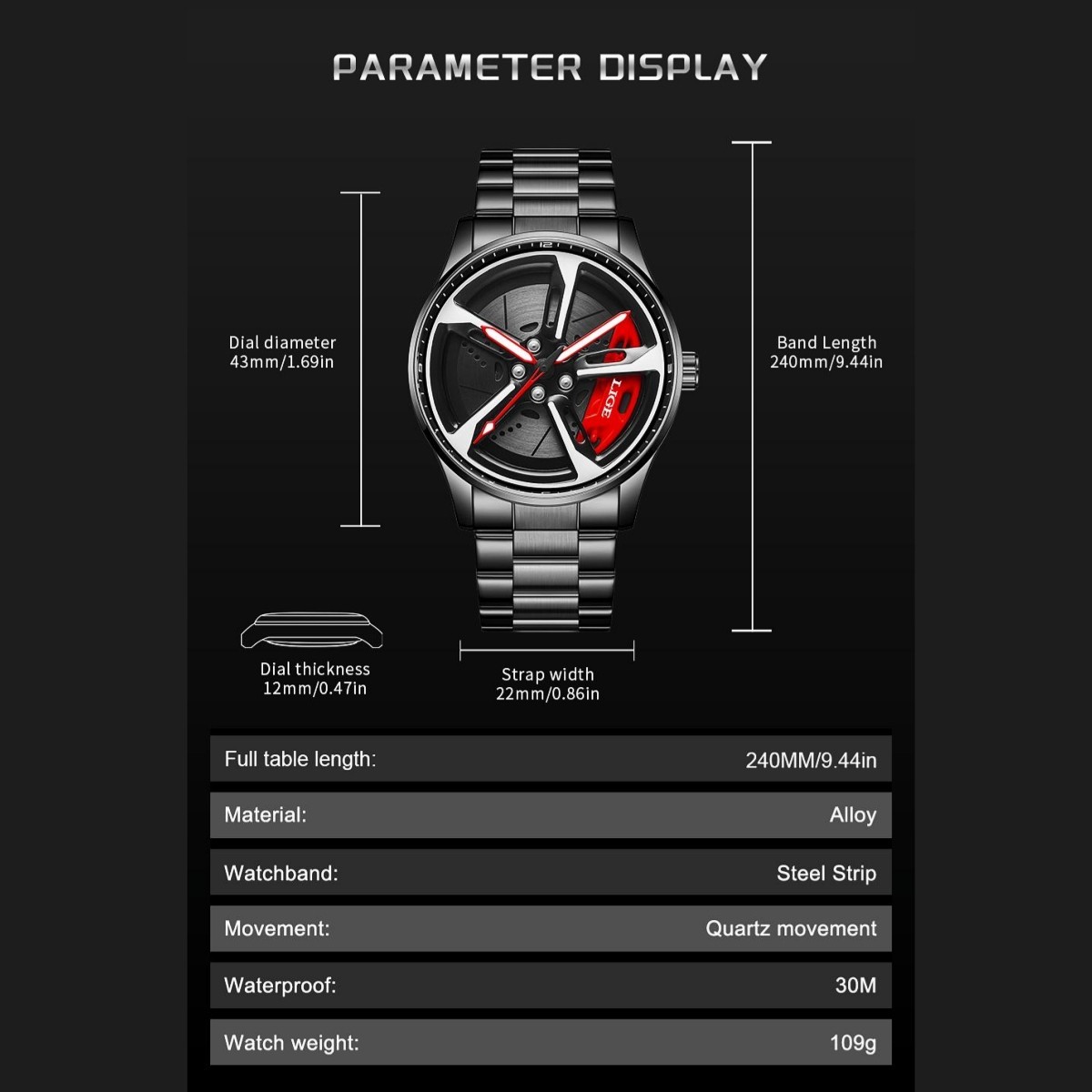 Mens Casual Watch Skeleton Wheel Dial Luminous Waterproof Steel Male Wristwatch