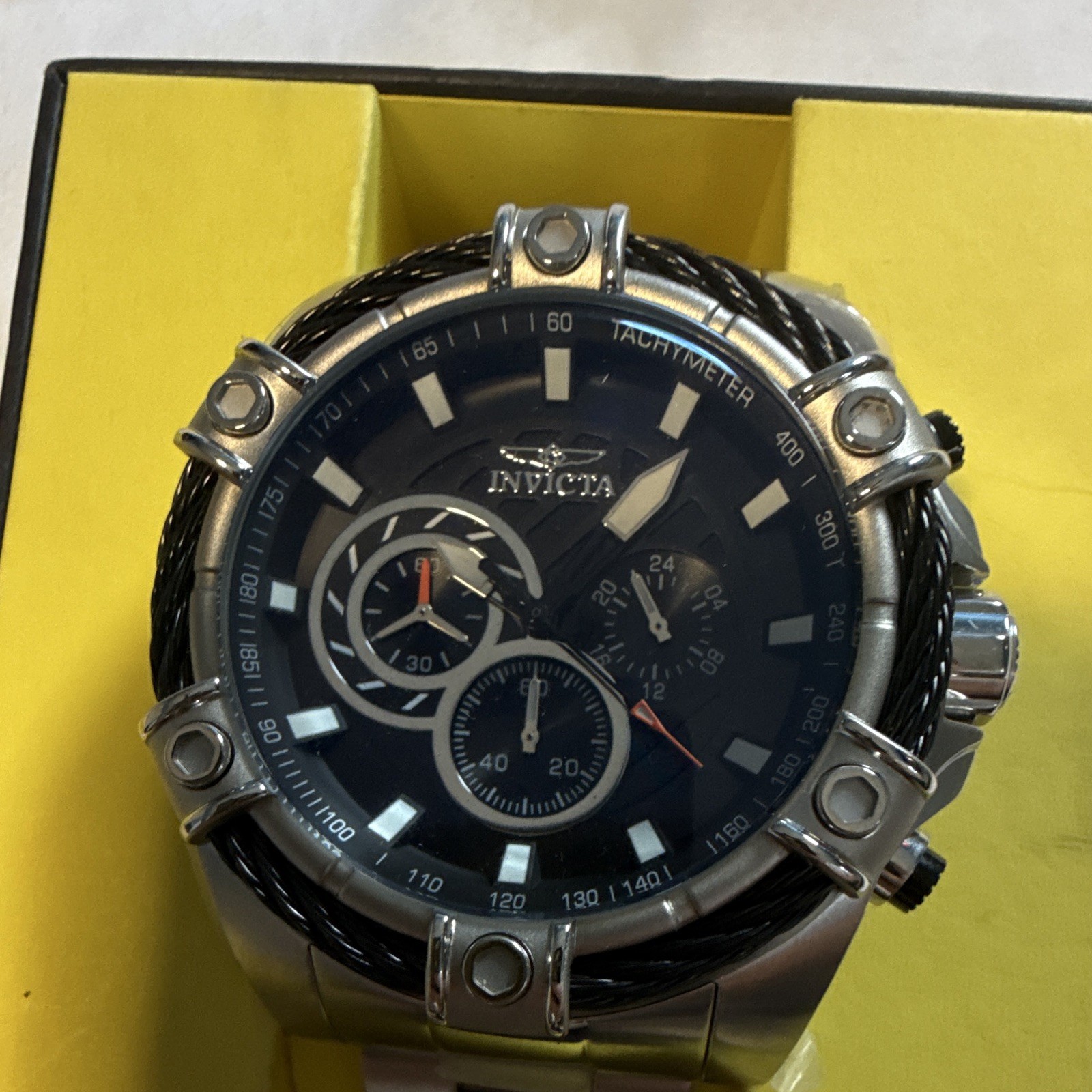 Invicta Bolt Men’s Quartz Chronograph Tachymeter 52mm Black Dial SS Box