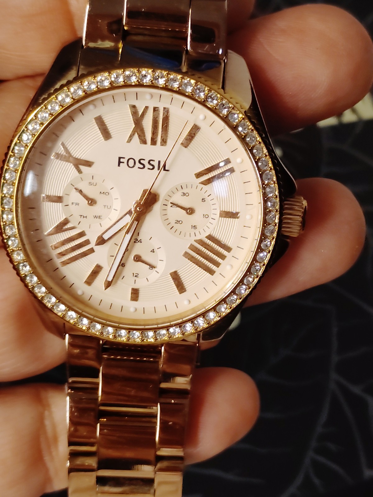 Fossil Women’s Quartz Watch White Roman Dial Rose Gold Bracelet Day Sz 6 1/2