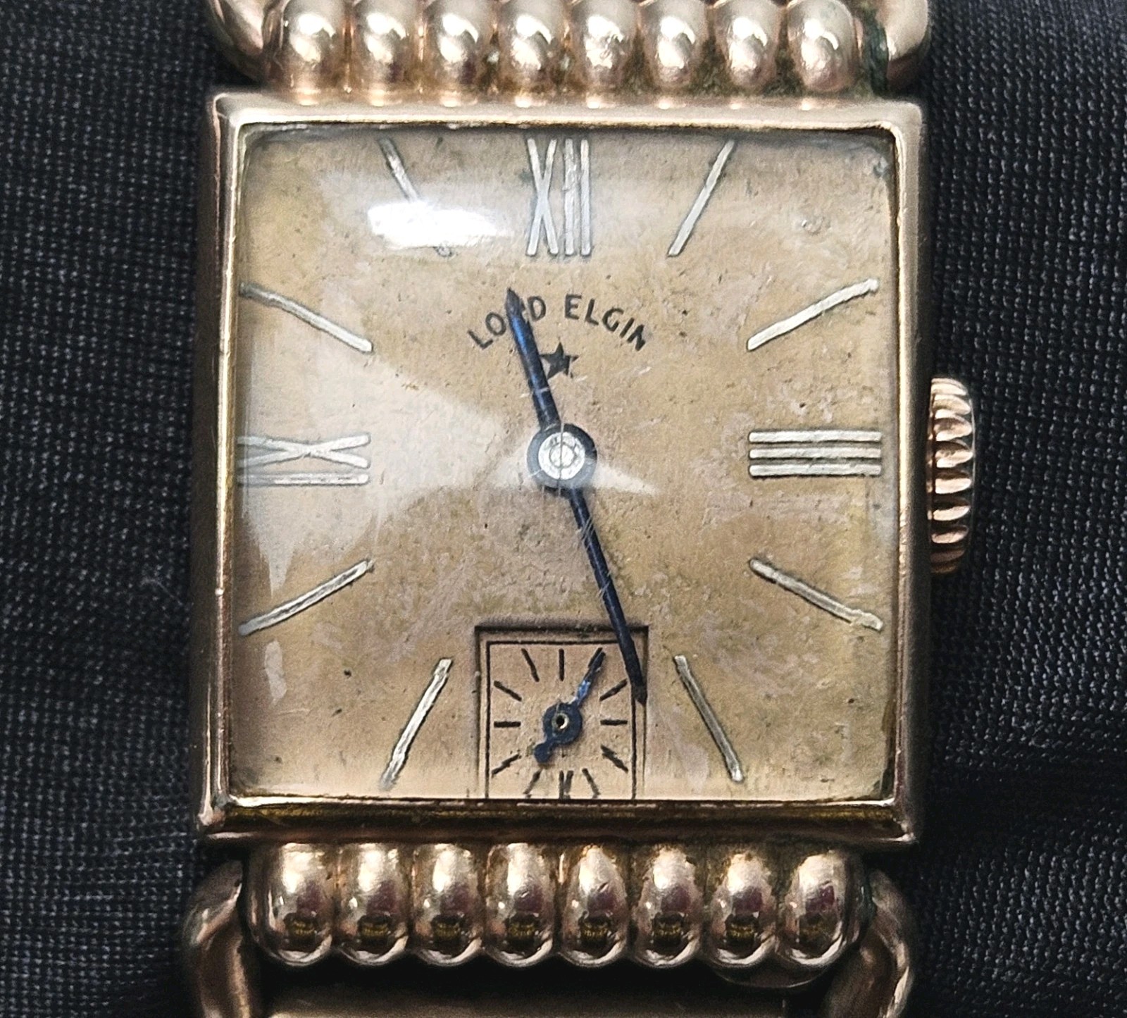 Vtg LORD ELGIN 14K Rose Gold Filled 21 Jewel Wrist Watch, Curved Crystal 7″ sub