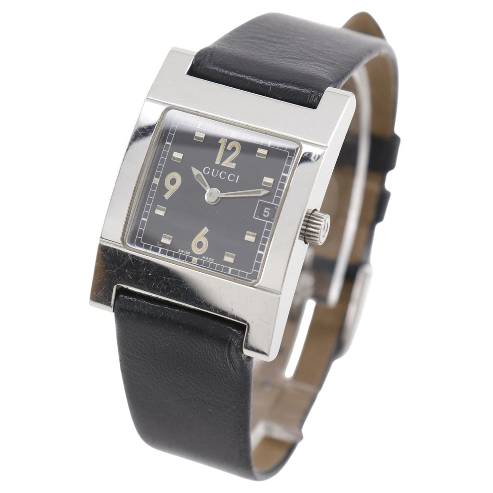 GUCCI Watch 7700L Stainless Steel Leather Quartz Analog Black Dial Ladies Used