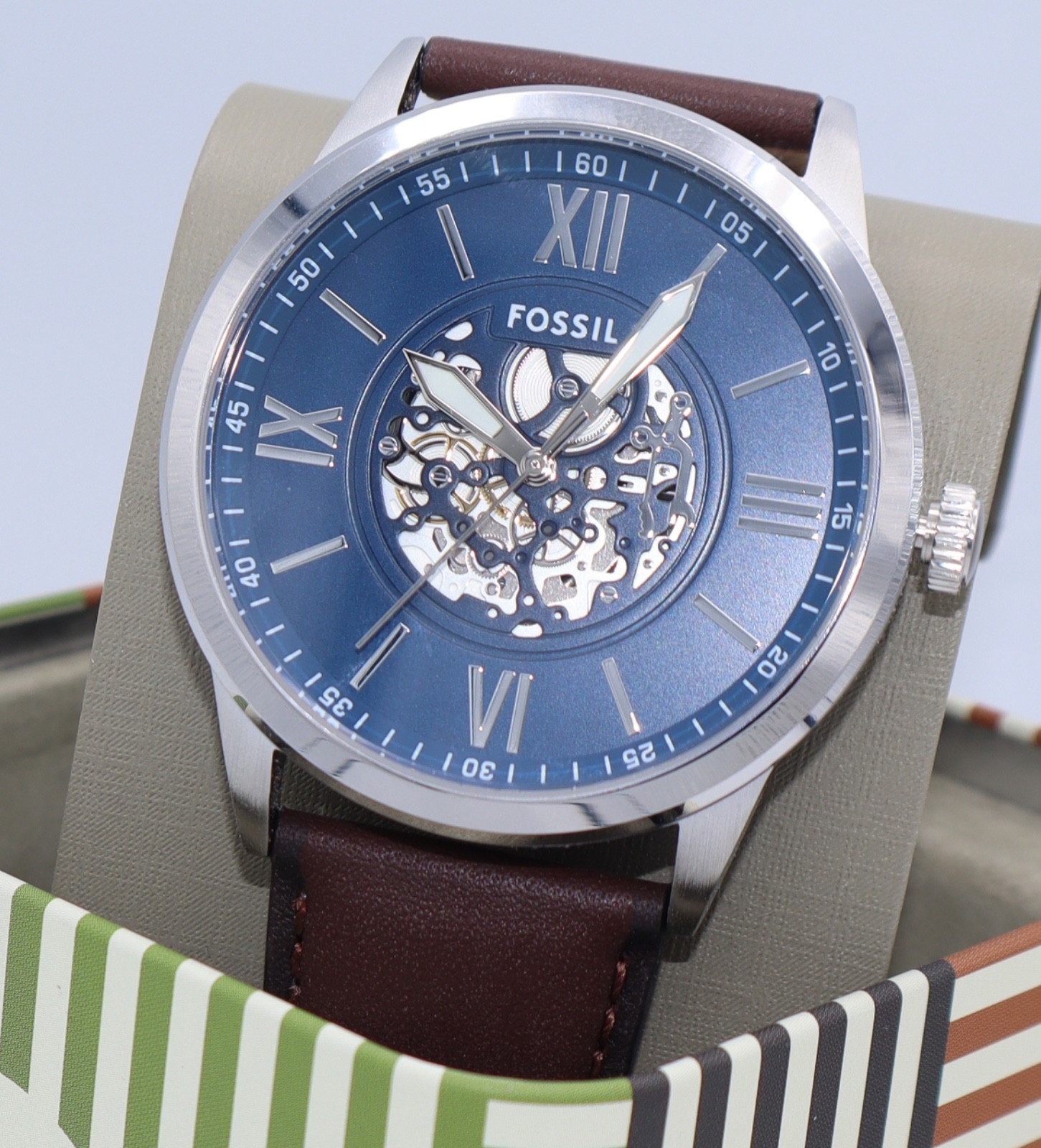 Fossil Flynn Silver Blue Brown Leather Skeleton BQM7128 Mens Watch