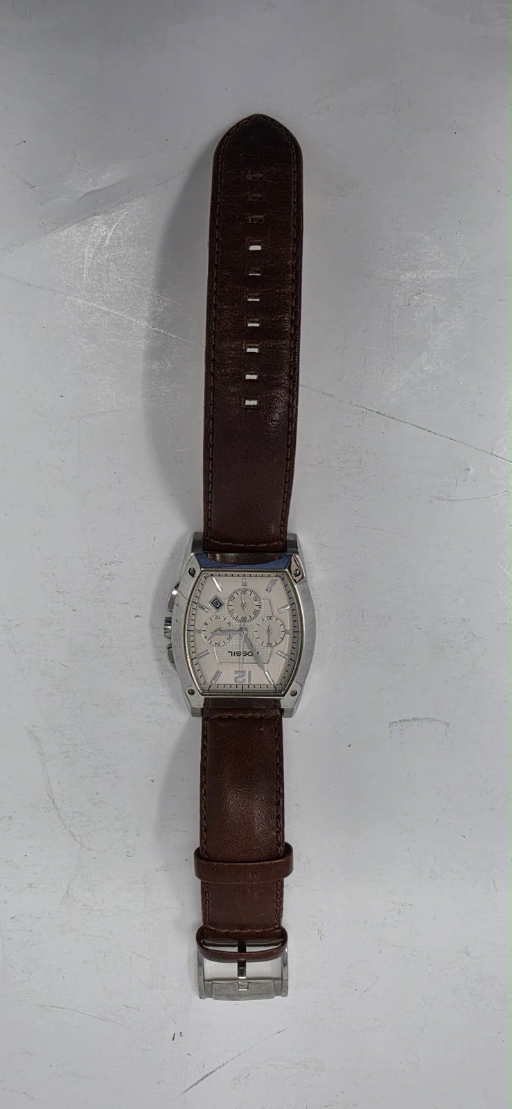 Fossil Arkitekt FS-4321 Chronograph Watch | Silver Tonneau Dial | Brown Leather