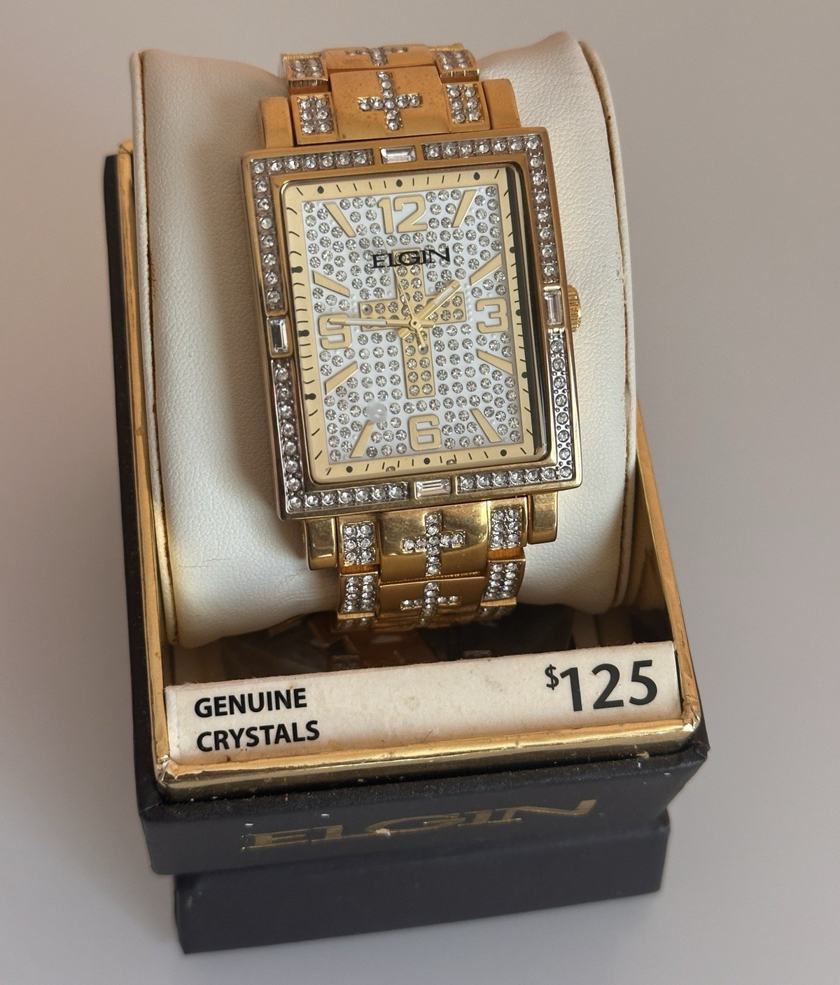 Elgin FG9051 Women Rectangular Gold Tone Crystal Cross NIB