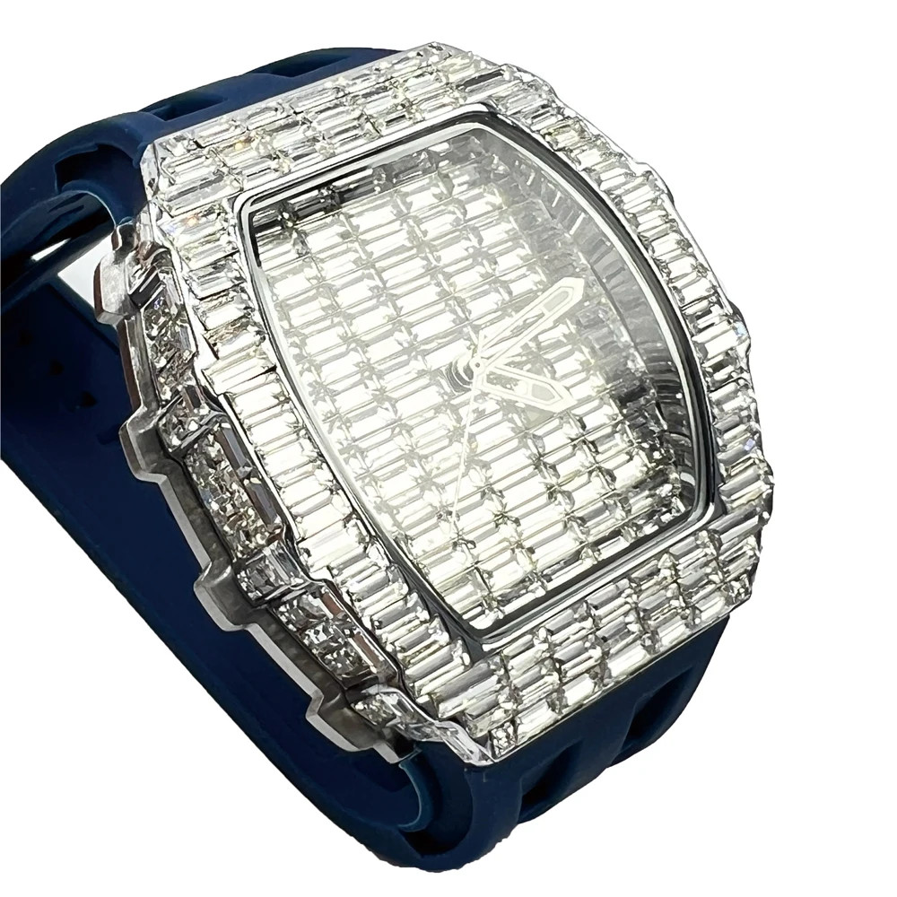 Fashion Tonneau Diamond Bling Men’s Watch Waterproof Rubber Band Gift
