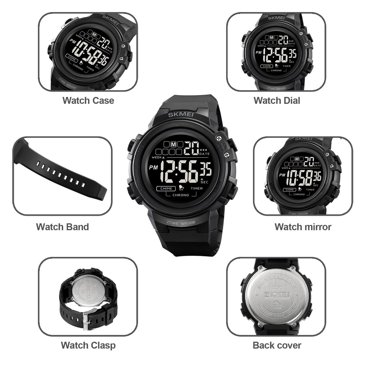 Tactical Sport Digital Watch Shockproof LED Black TPU Strap Waterproof 50M 5ATM