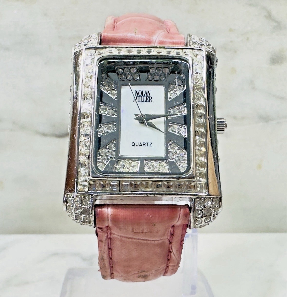 Nolan Miller Women’s Quartz Rectangle Silver-Tone Crystal Bezel Pink Leather