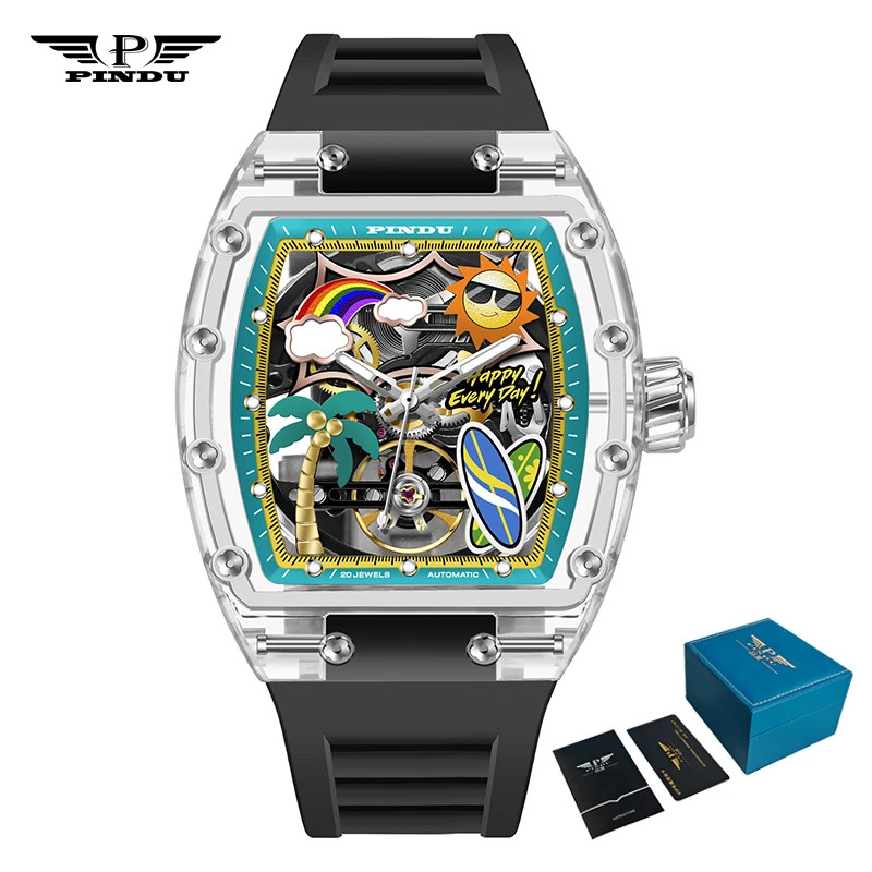 PINDU Men Mechanical Watch Tonneau Summer Beach Glowing Waterproof Silicone